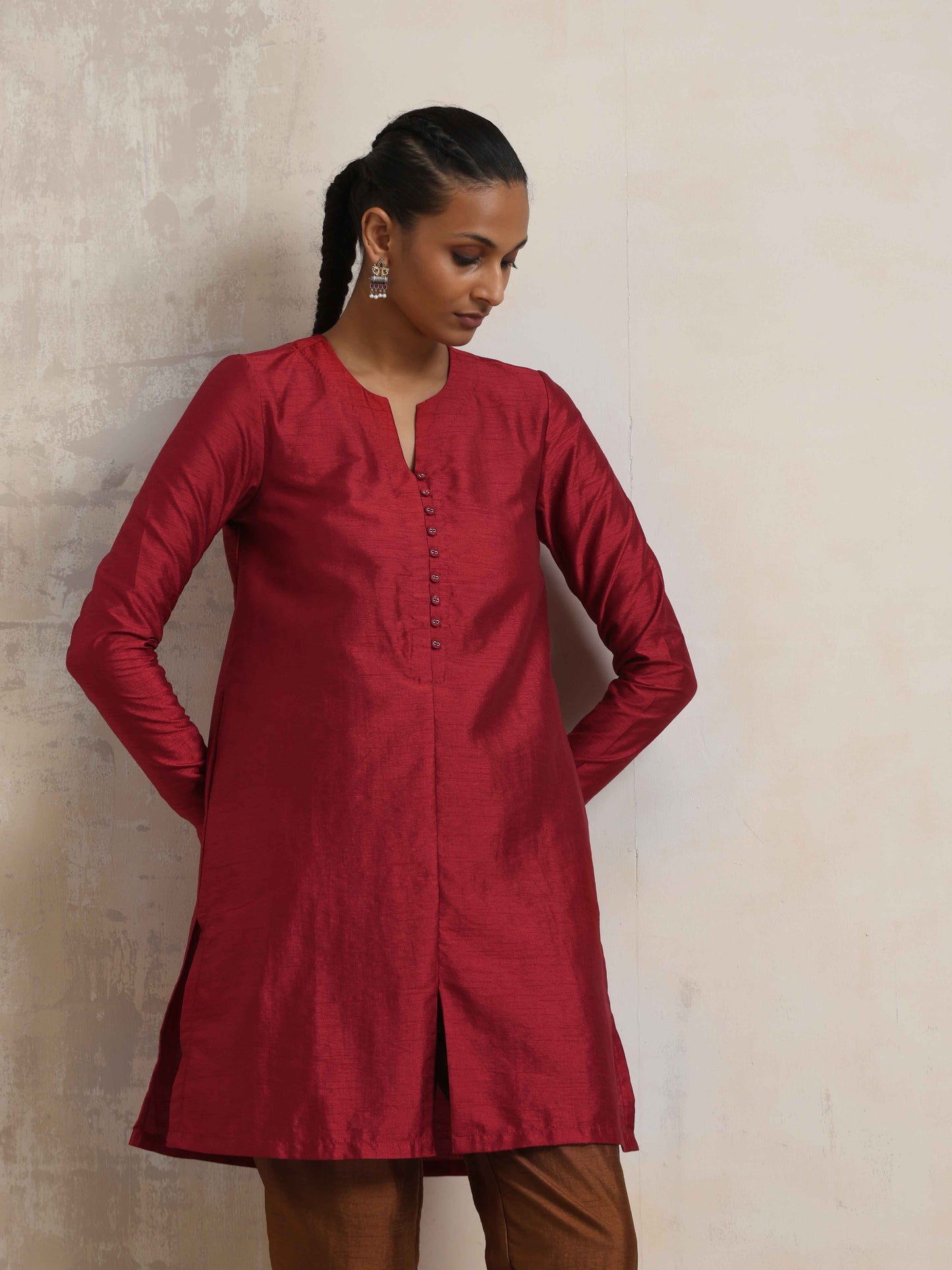 trueBrowns Red Silk Kurta Co-ord Set - Swadesiicart