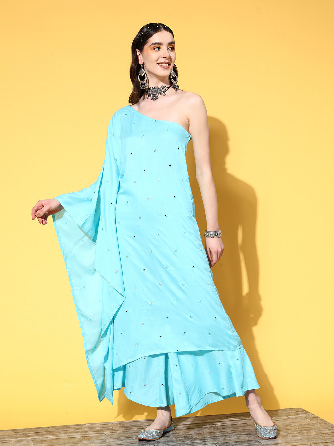 InWeave Women's Sky Blue Mirror Work One Shoulder Kurta Set - Swadesiicart