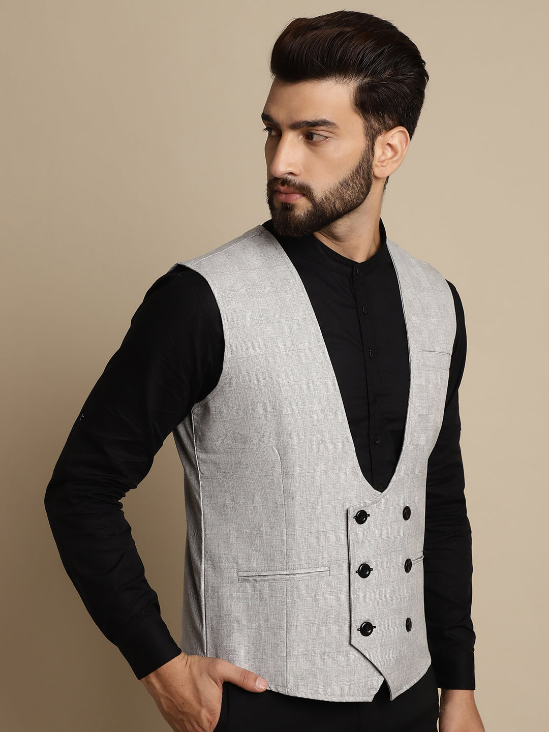Even Apparels Men's Grey Double Breast Waistcoat | Swadesiicart