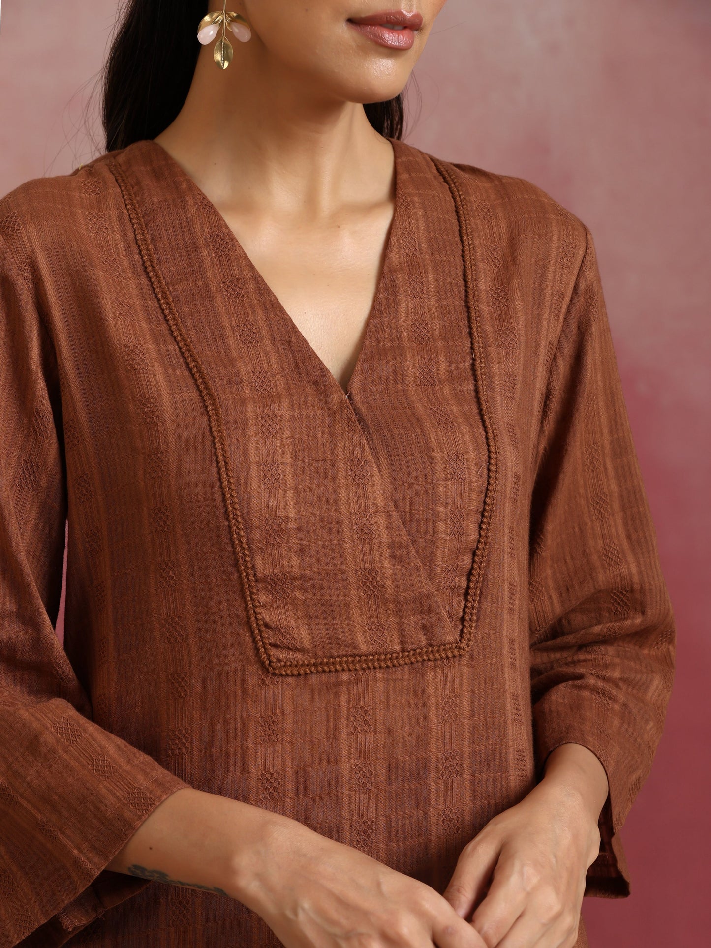 trueBrowns Brown Cotton Dobby Kurta Co-ord set - Swadesiicart
