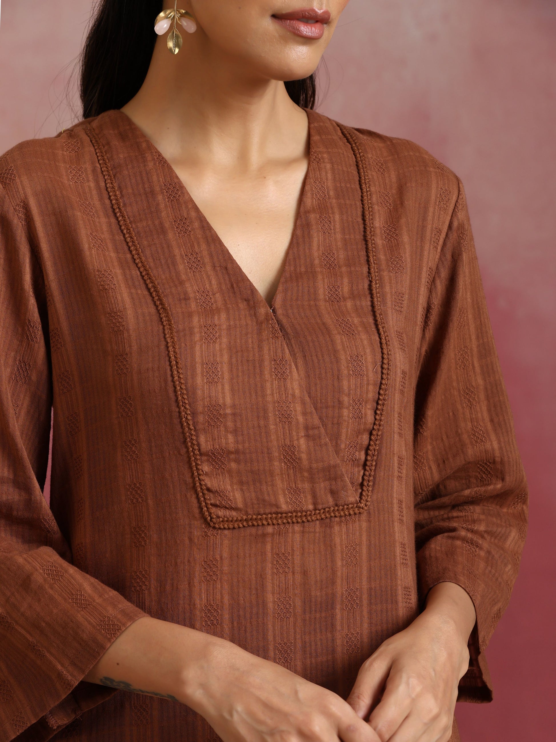 trueBrowns Brown Cotton Dobby Kurta Co-ord set - Swadesiicart