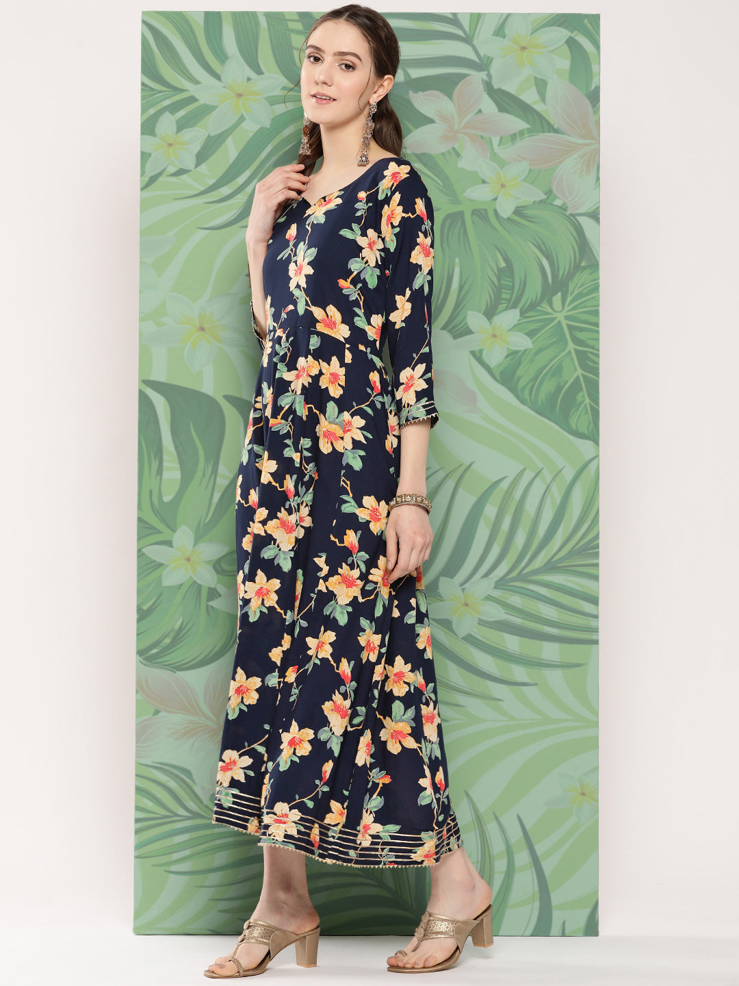 InWeave Women's Black Tropical Print Gota Long Dress - Swadesiicart