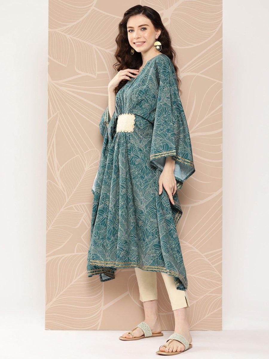 Ahalyaa Women Floral Printed Flared Sleeves Patchwork Belted Detail Crepe Kaftan Kurta | Swadesiicart