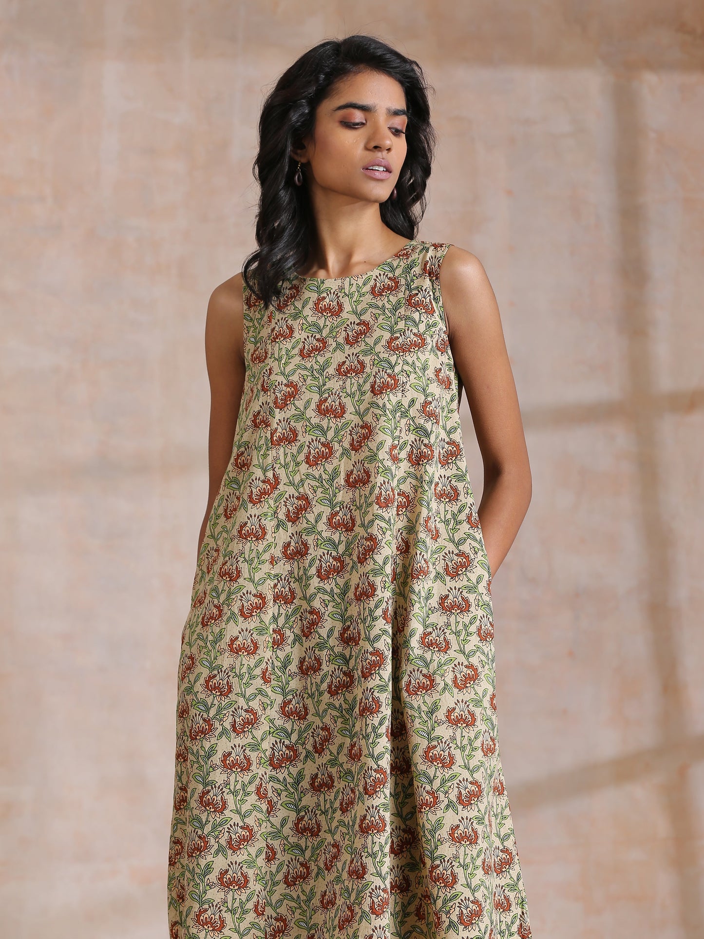 trueBrowns Beige Overall Brown Floral Block Print Cotton High-Low Co-Ord Set - Swadesiicart