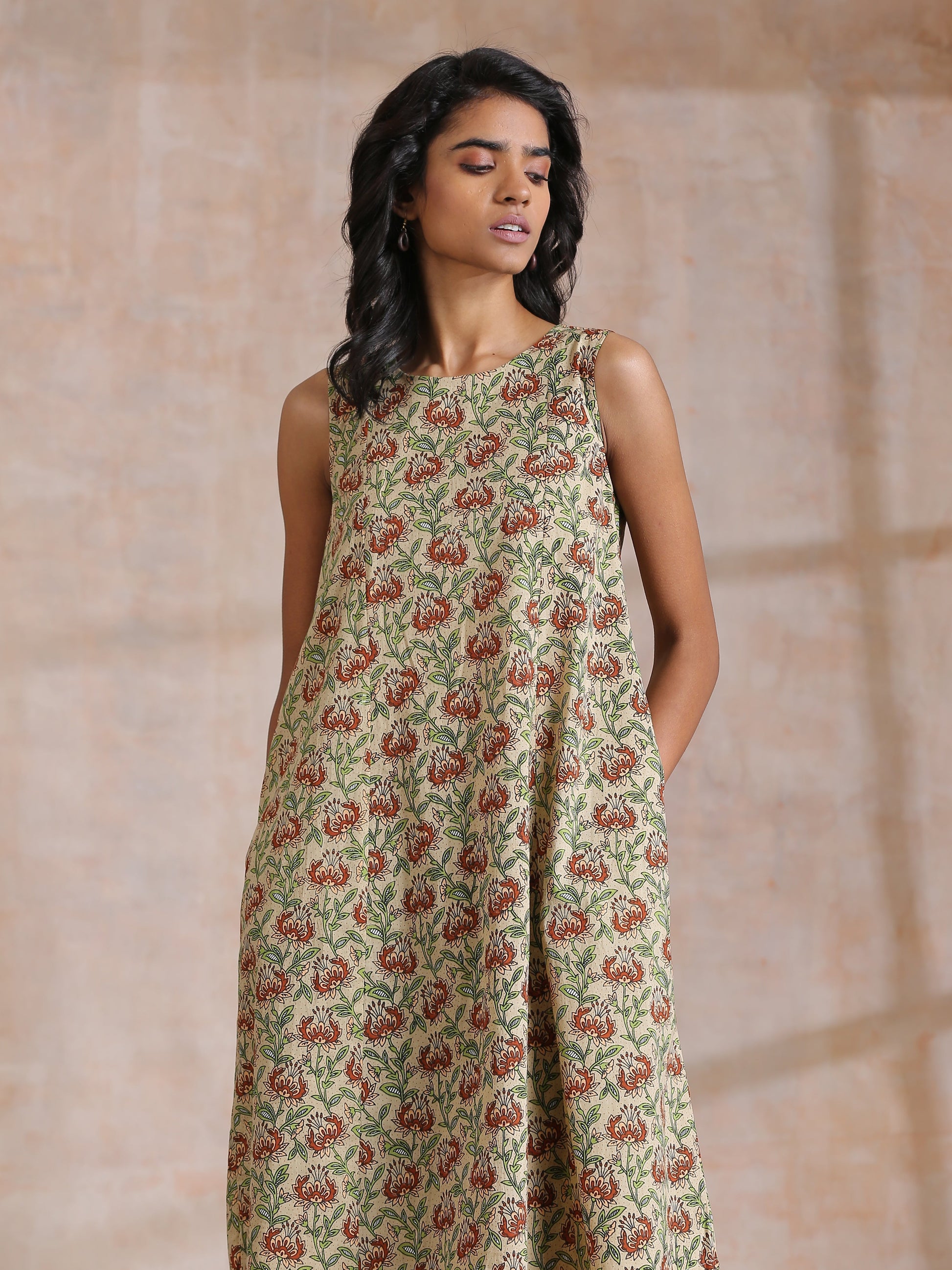trueBrowns Beige Overall Brown Floral Block Print Cotton High-Low Co-Ord Set - Swadesiicart
