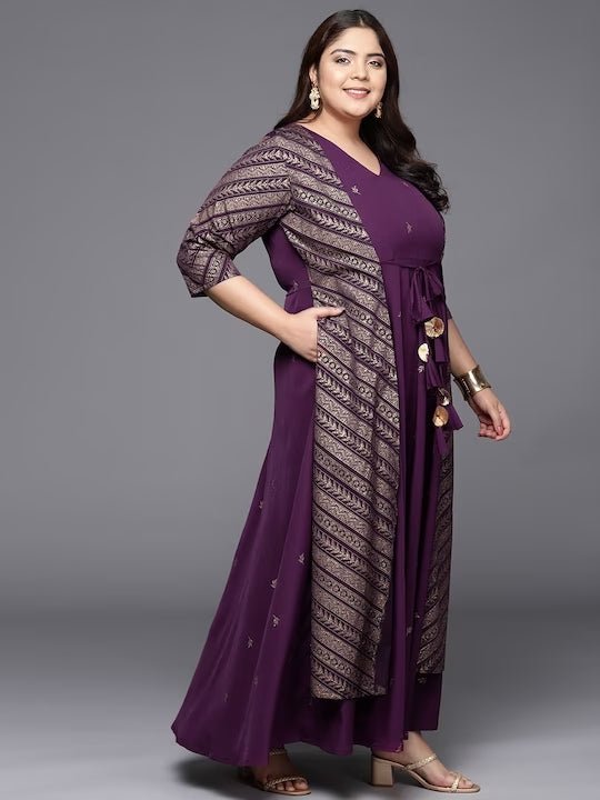 Ahalyaa Plus Size V-neck Maxi Ethnic Dress | Swadesiicart