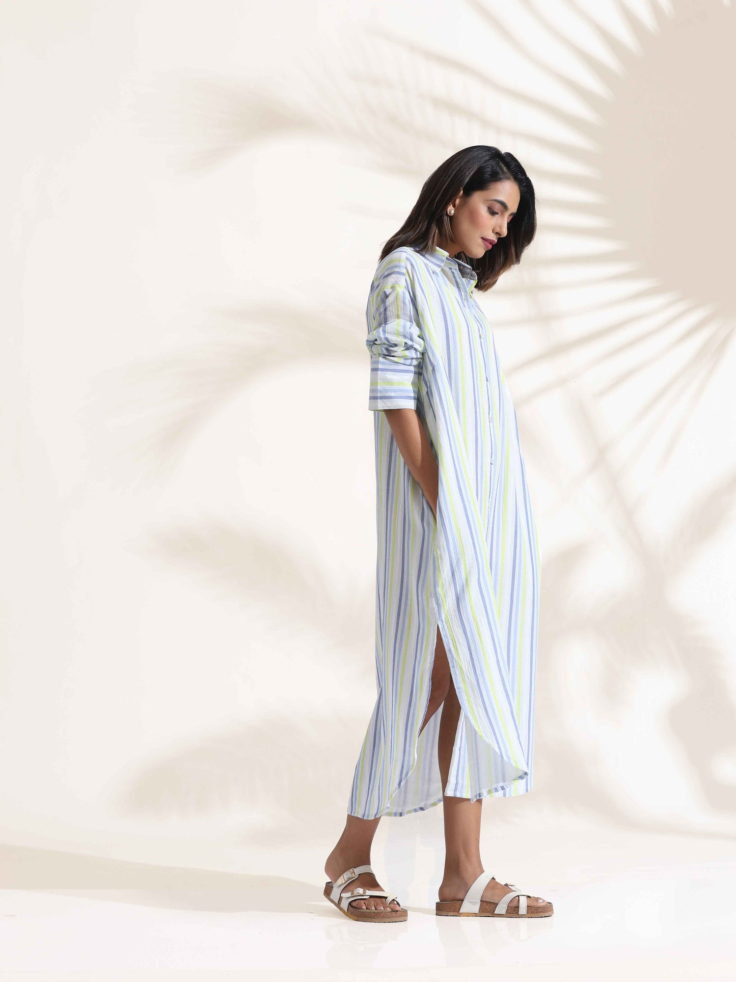 trueBrowns White Cotton Multi Stripe Shirt Dress | Swadesiicart