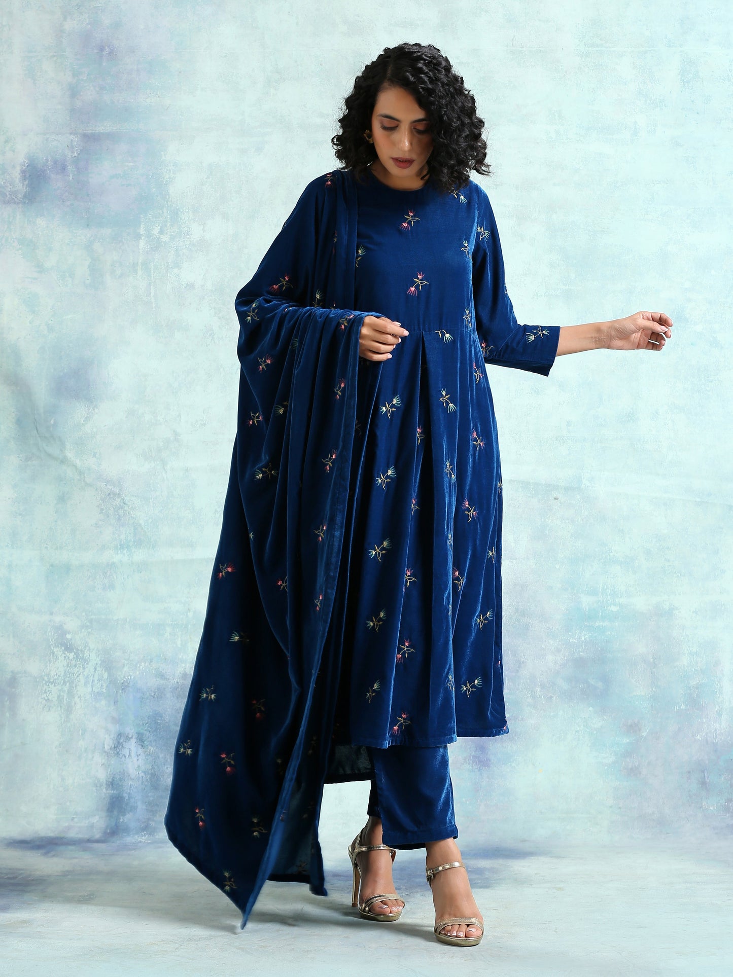 trueBrowns Blue Embroidered Velvet Shawl | Swadesiicart