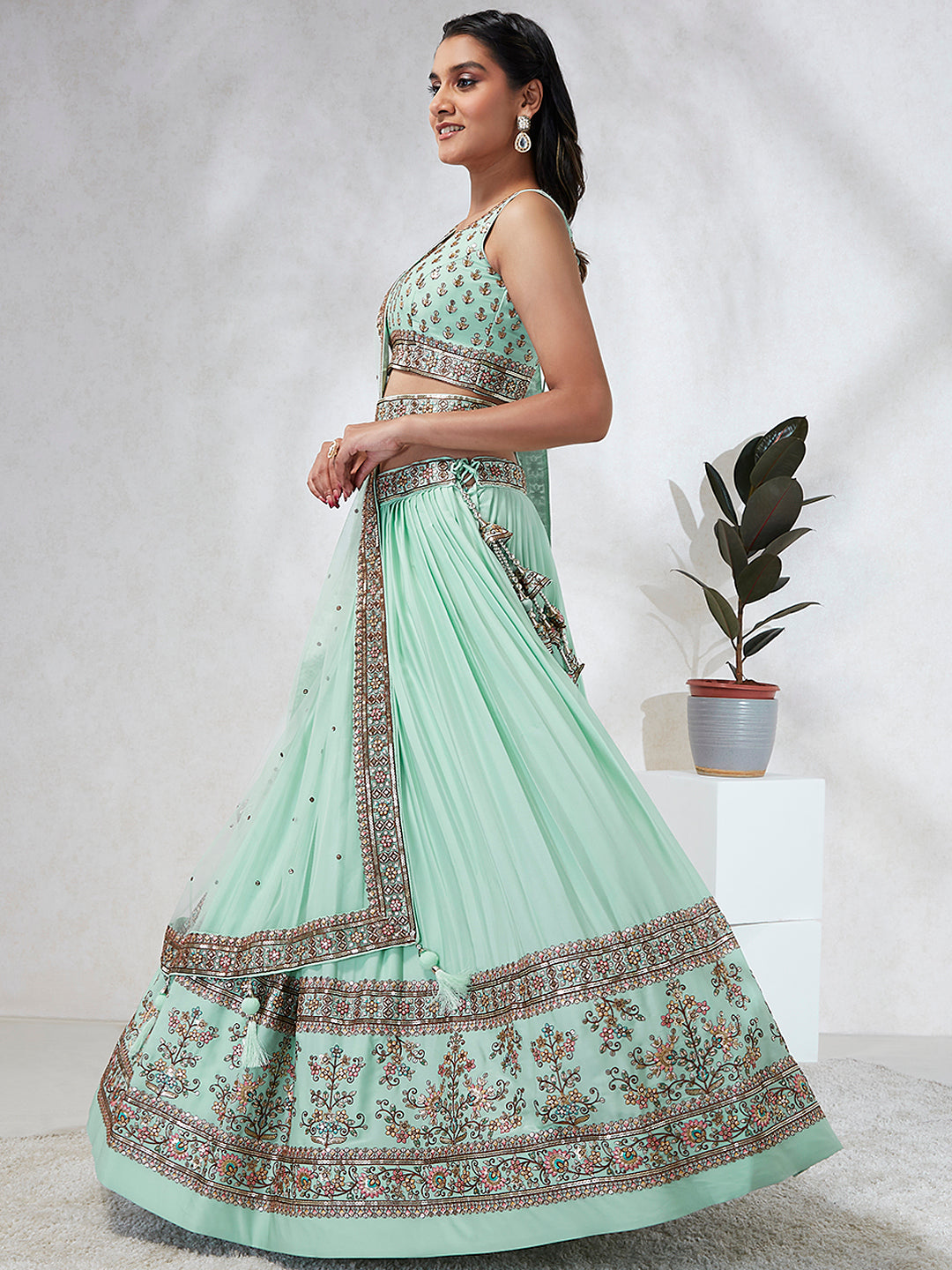 House of Panchhi Burgundy Pure Georgette Sequins And Thread Embroidery Lehenga Choli & Dupatta | Swadesiicart