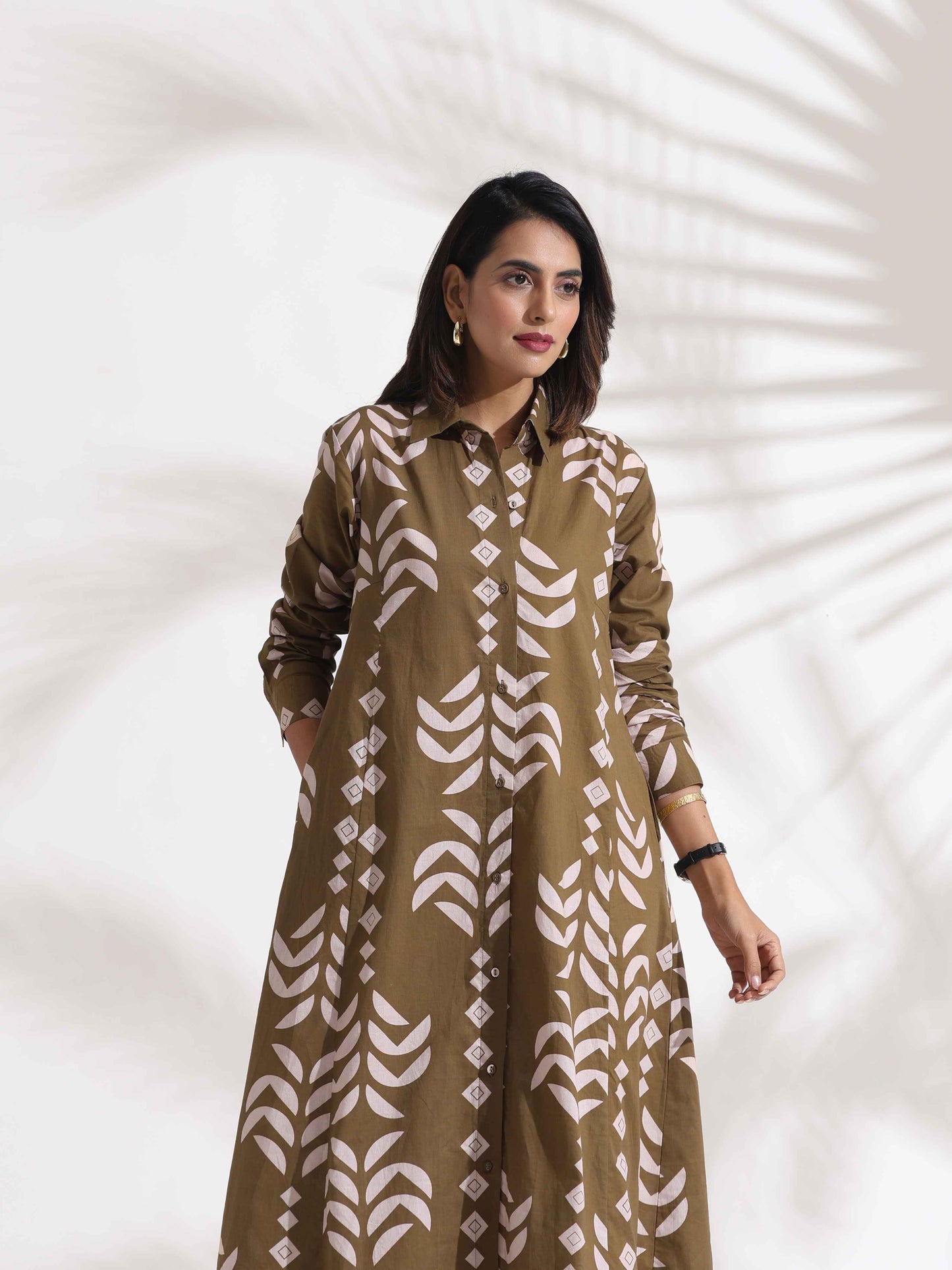 trueBrowns Olive Green Cotton Print Shirt Dress | Swadesiicart