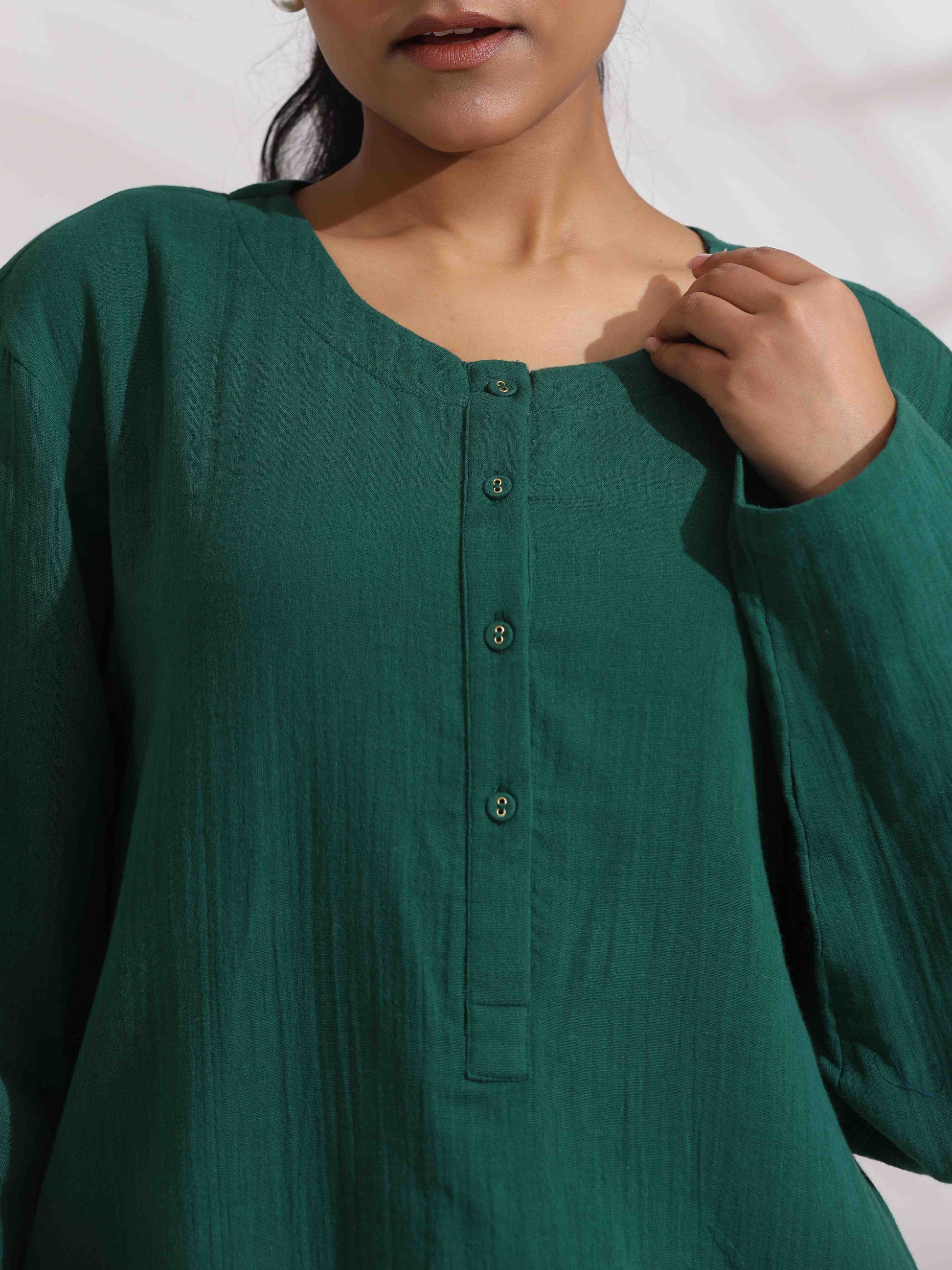 trueBrowns Green Cotton Kurta Co-ord Set - Swadesiicart