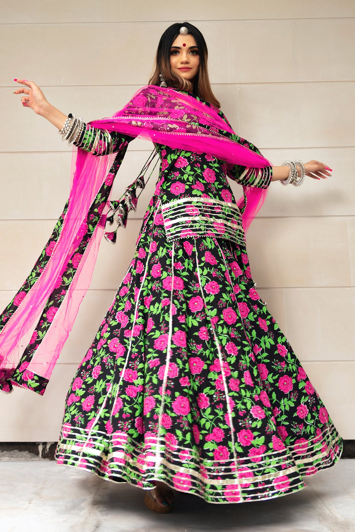 Pomcha Jaipur Gulmohar Cotton Hand Block Skirt Set | Swadesiicart