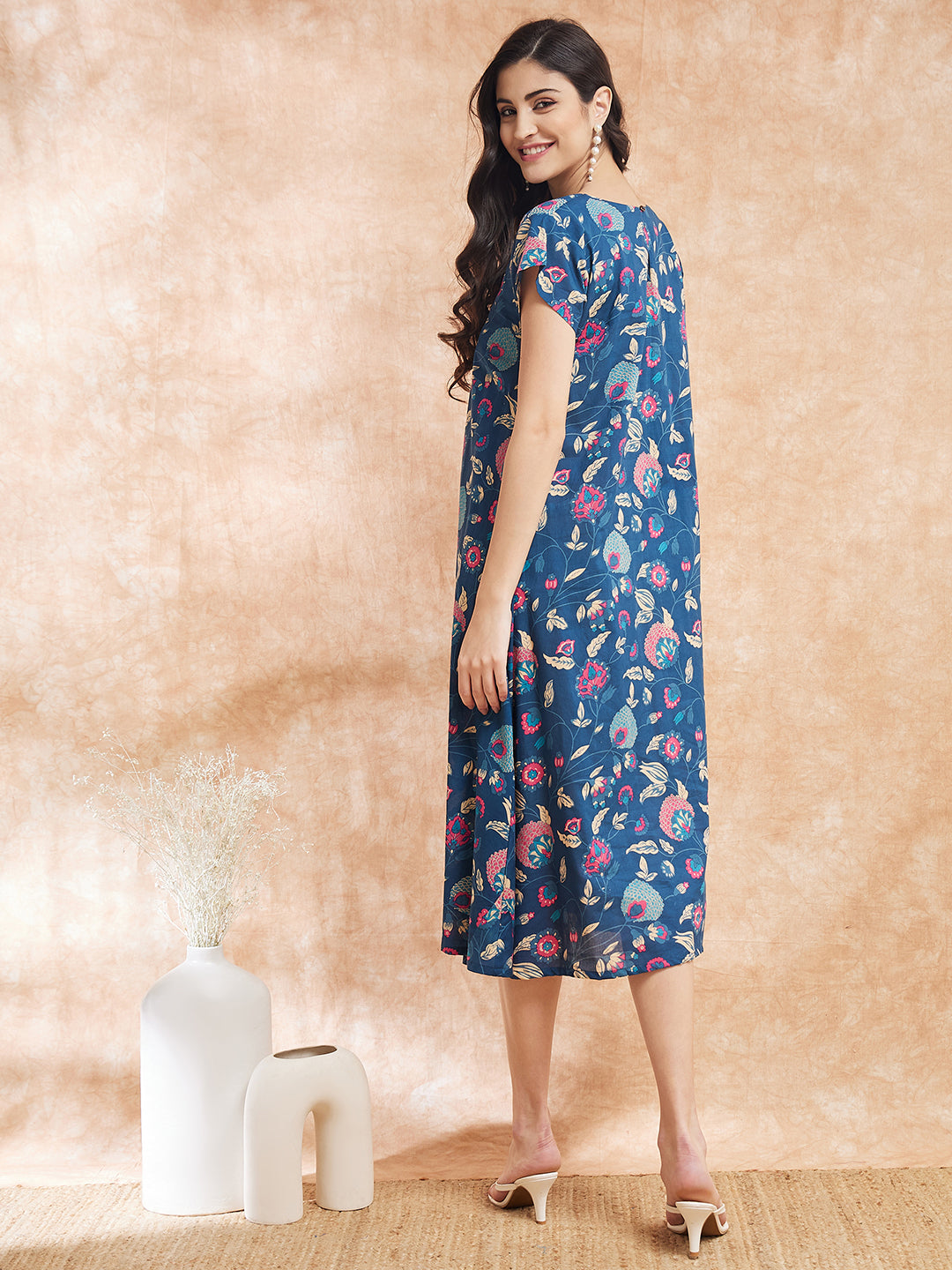 InWeave Women's Blue Pink Kalamkari A Line Dress - Swadesiicart