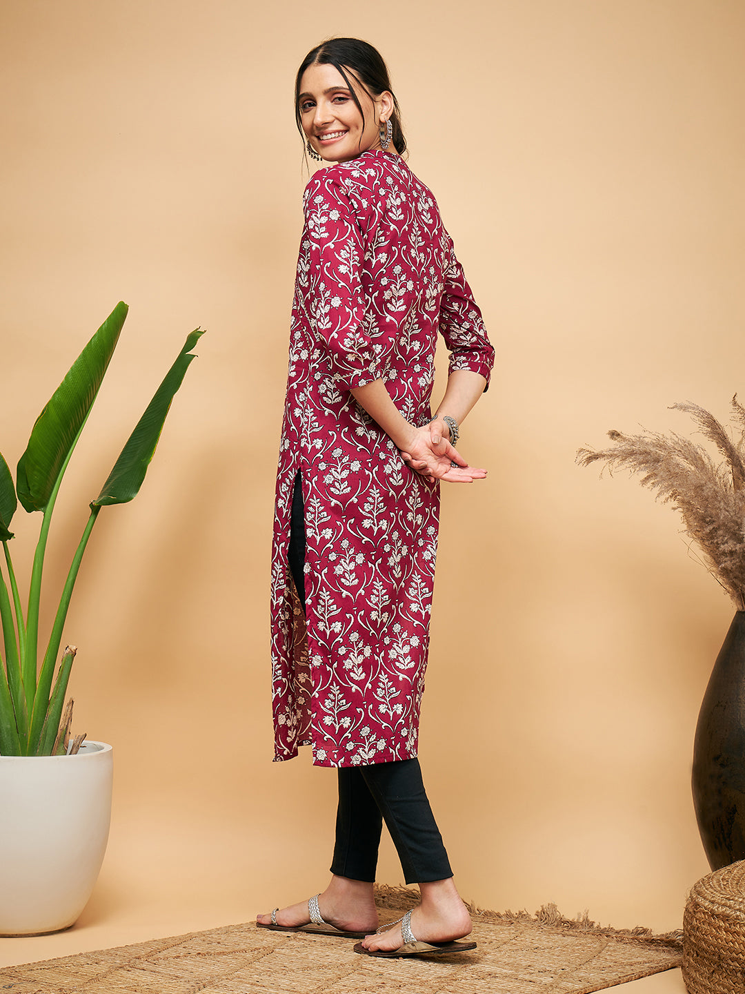 InWeave Women's Wine Floral Print Straight Angrakha Gota Kurta - Swadesiicart