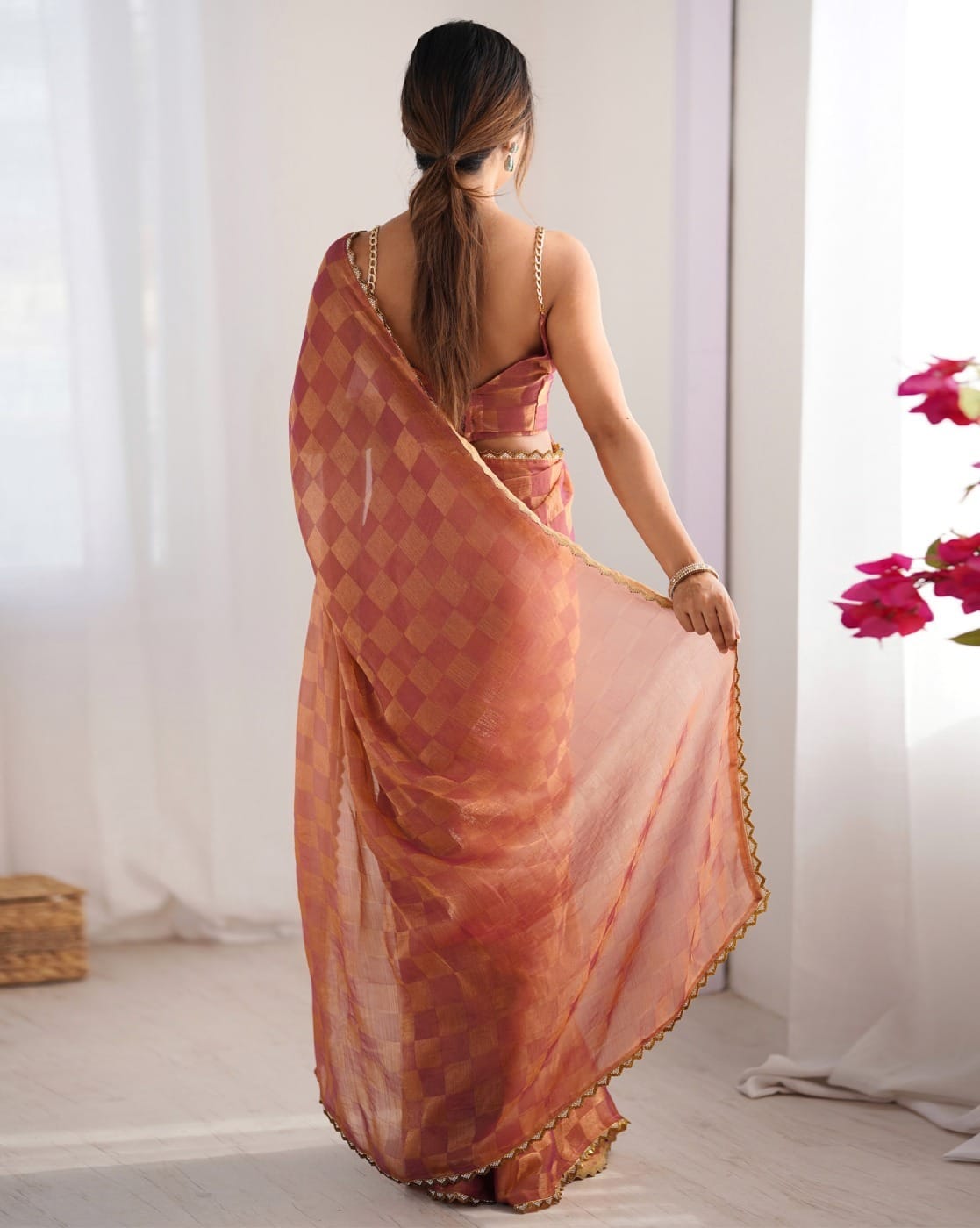 Lorenvalley Fashion Peach NC Chiffon Square with fancy Lace Saree with Blouse - Swadesiicart