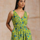 trueBrowns Lime Green Overall Teal Floral Block Print Cotton Sleeveless Wrap Dress | Swadesiicart