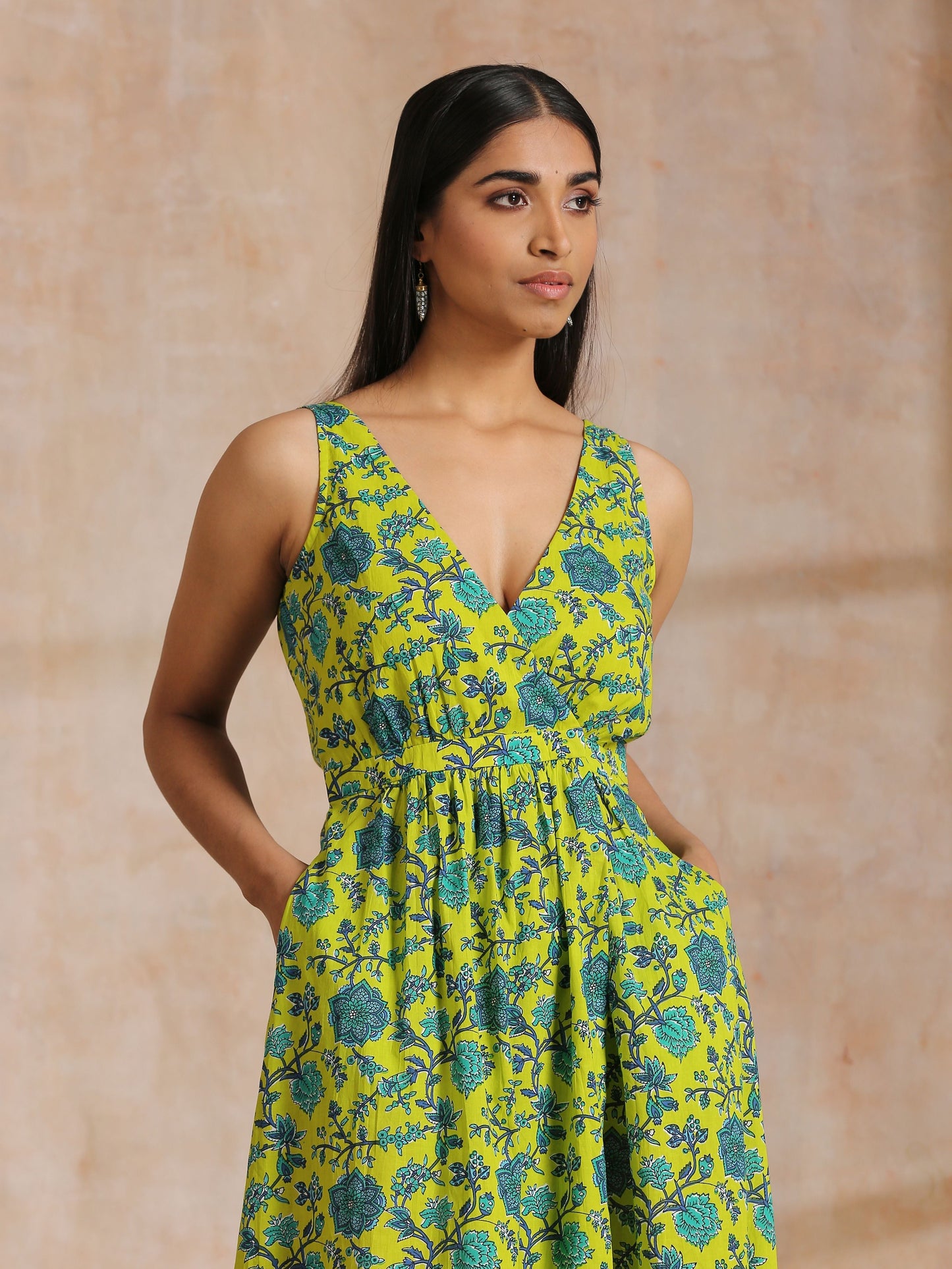 trueBrowns Lime Green Overall Teal Floral Block Print Cotton Sleeveless Wrap Dress | Swadesiicart