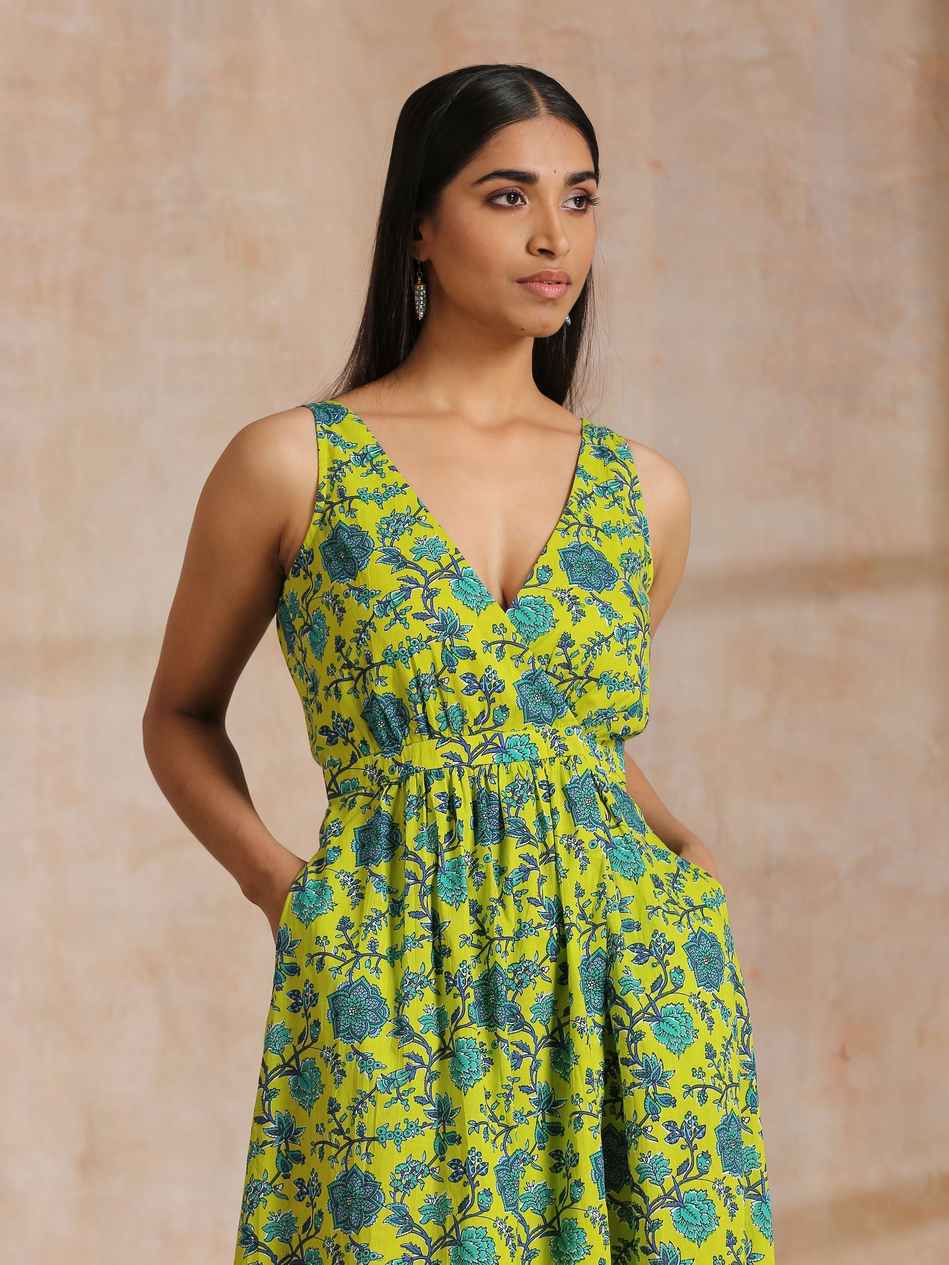 trueBrowns Lime Green Overall Teal Floral Block Print Cotton Sleeveless Wrap Dress | Swadesiicart