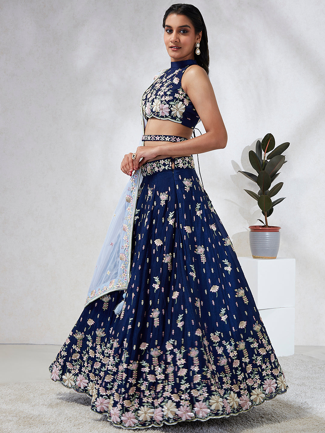 House of Panchhi Navy Blue Pure Georgette Sequins And Thread Embroidery Lehenga Choli & Dupatta | Swadesiicart