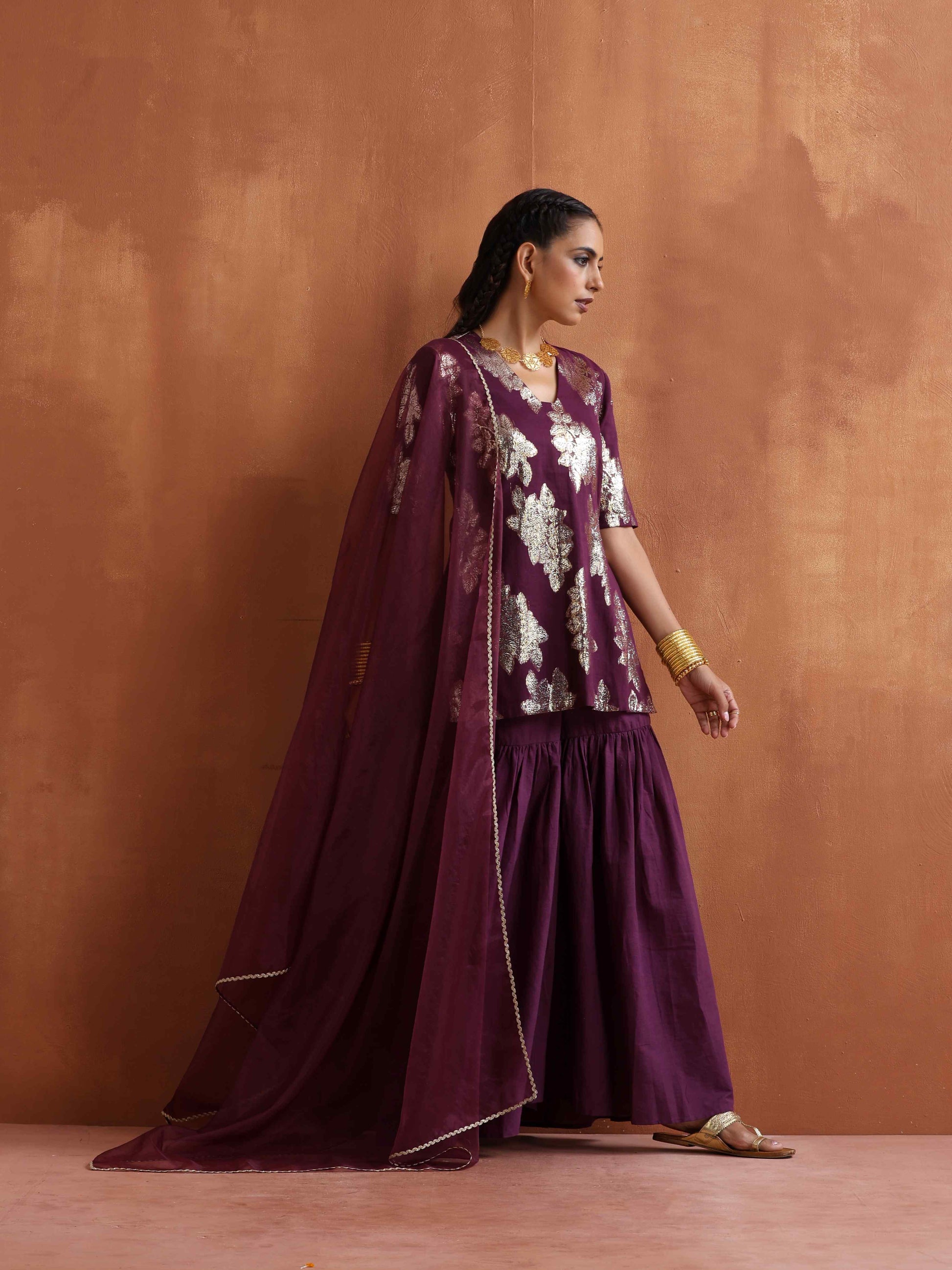 trueBrowns Purple Metallic Sharara Dupatta Set | Swadesiicart