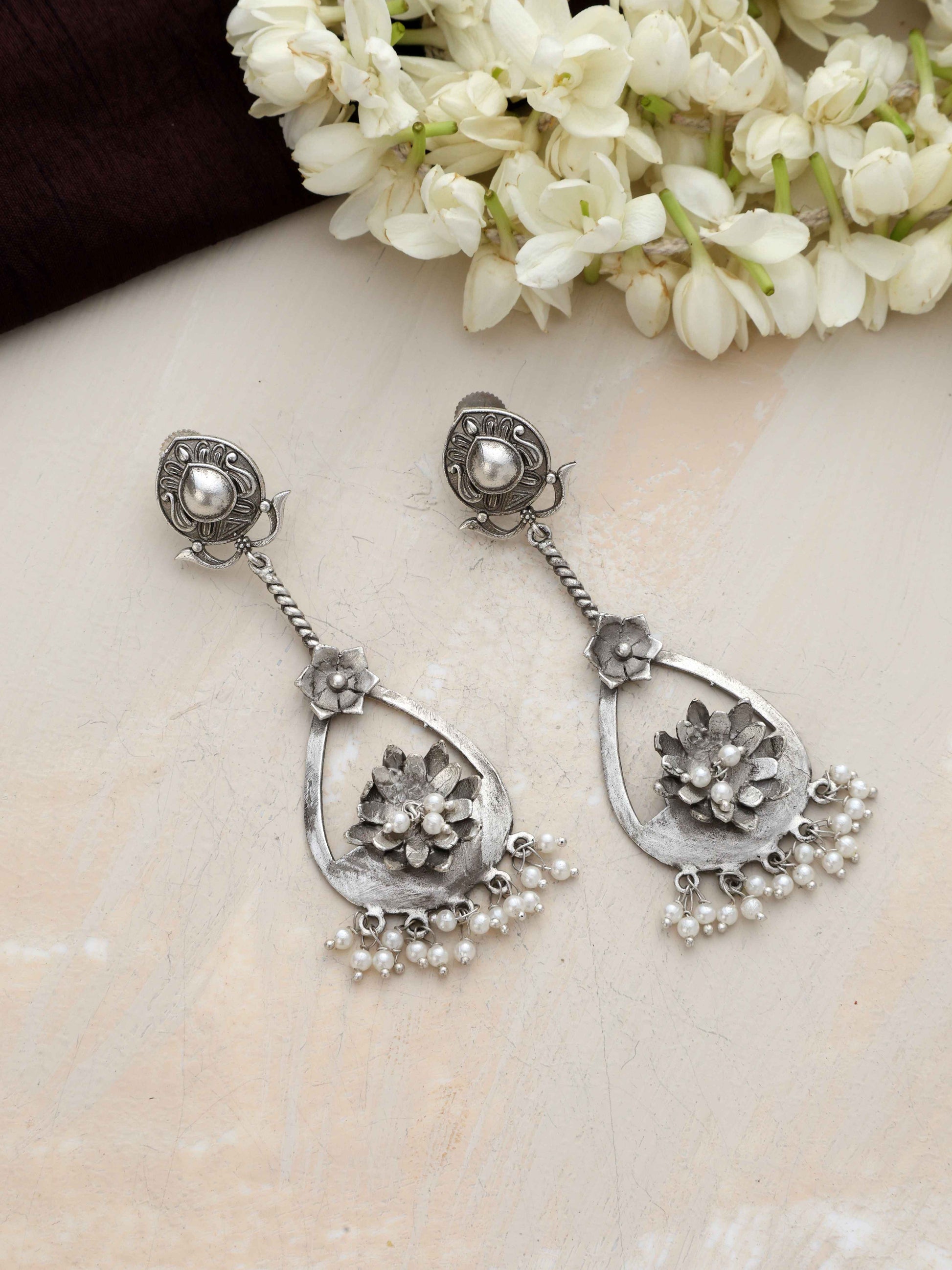 trueBrowns Silver Tone Floral Chandbaali Earrings - Swadesiicart