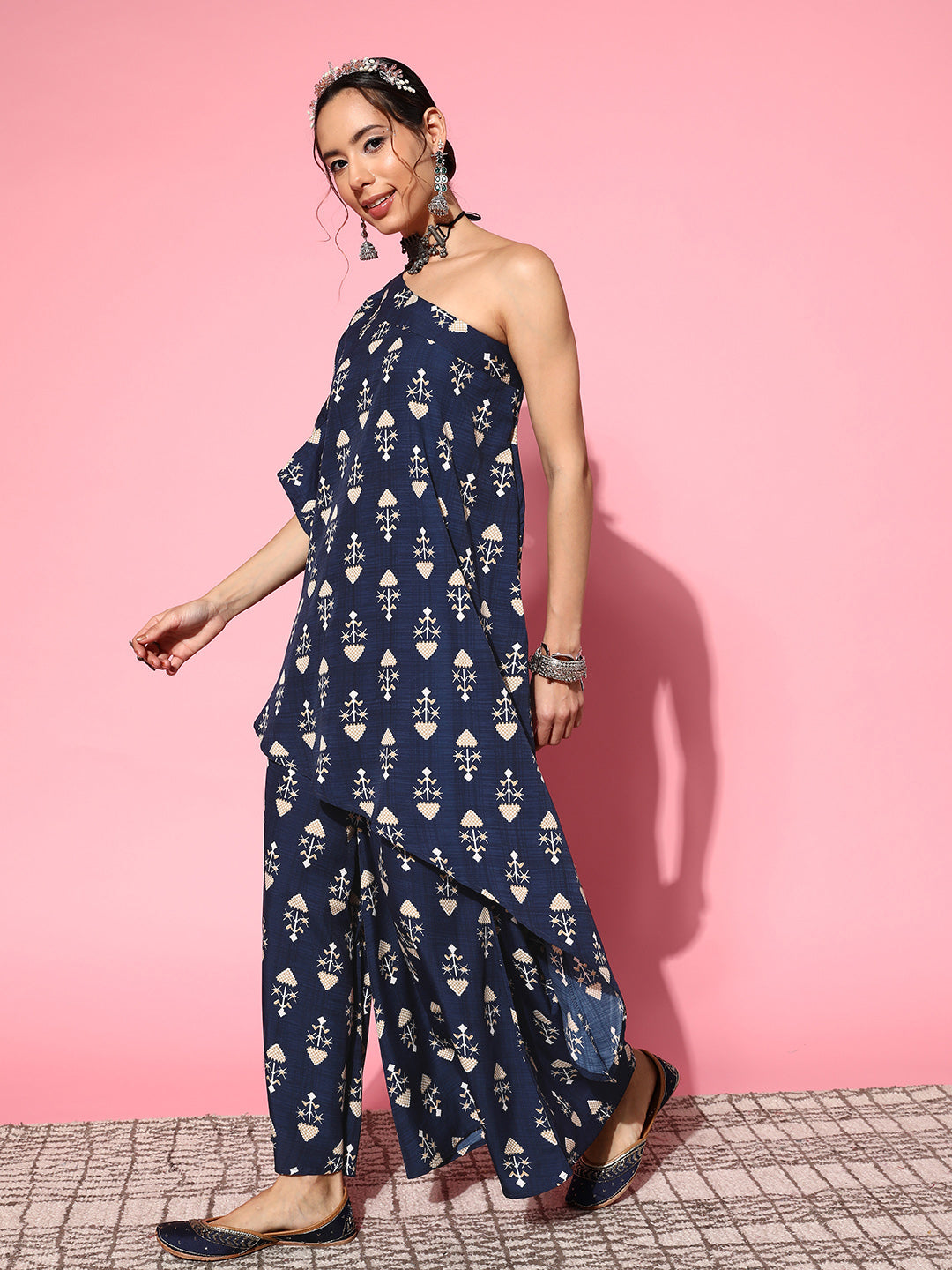 InWeave Women's Blue Boota One Shoulder Top With Palazzo Set - Swadesiicart