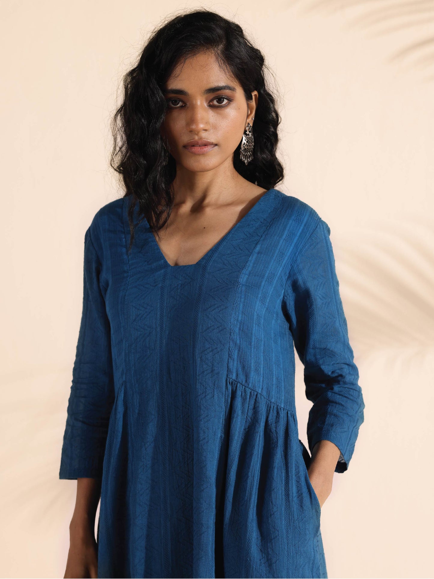 trueBrowns Blue Cotton Dobby Flared Kurta Pant Set | Swadesiicart