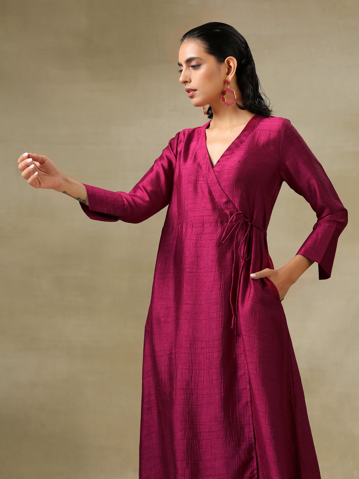 trueBrowns Purple Textured Silk Angrakha Kurta Pant Set | Swadesiicart