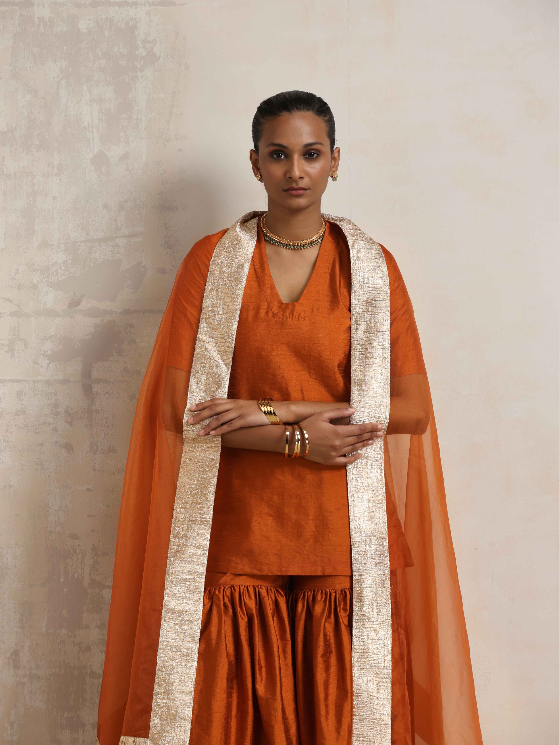 trueBrowns Orange Silk Sharara Dupatta Set | Swadesiicart