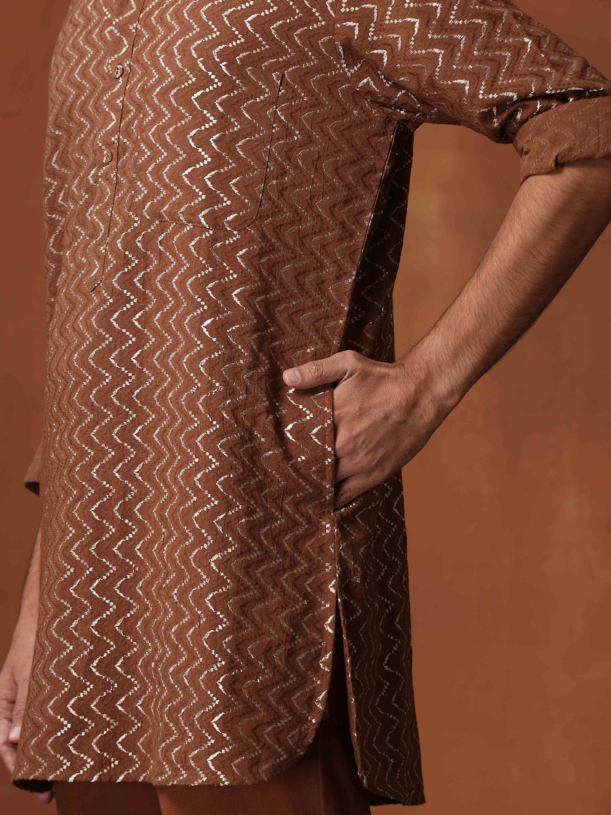 trueBrowns Men's Brown Cotton Dobby Short Kurta | Swadesiicart