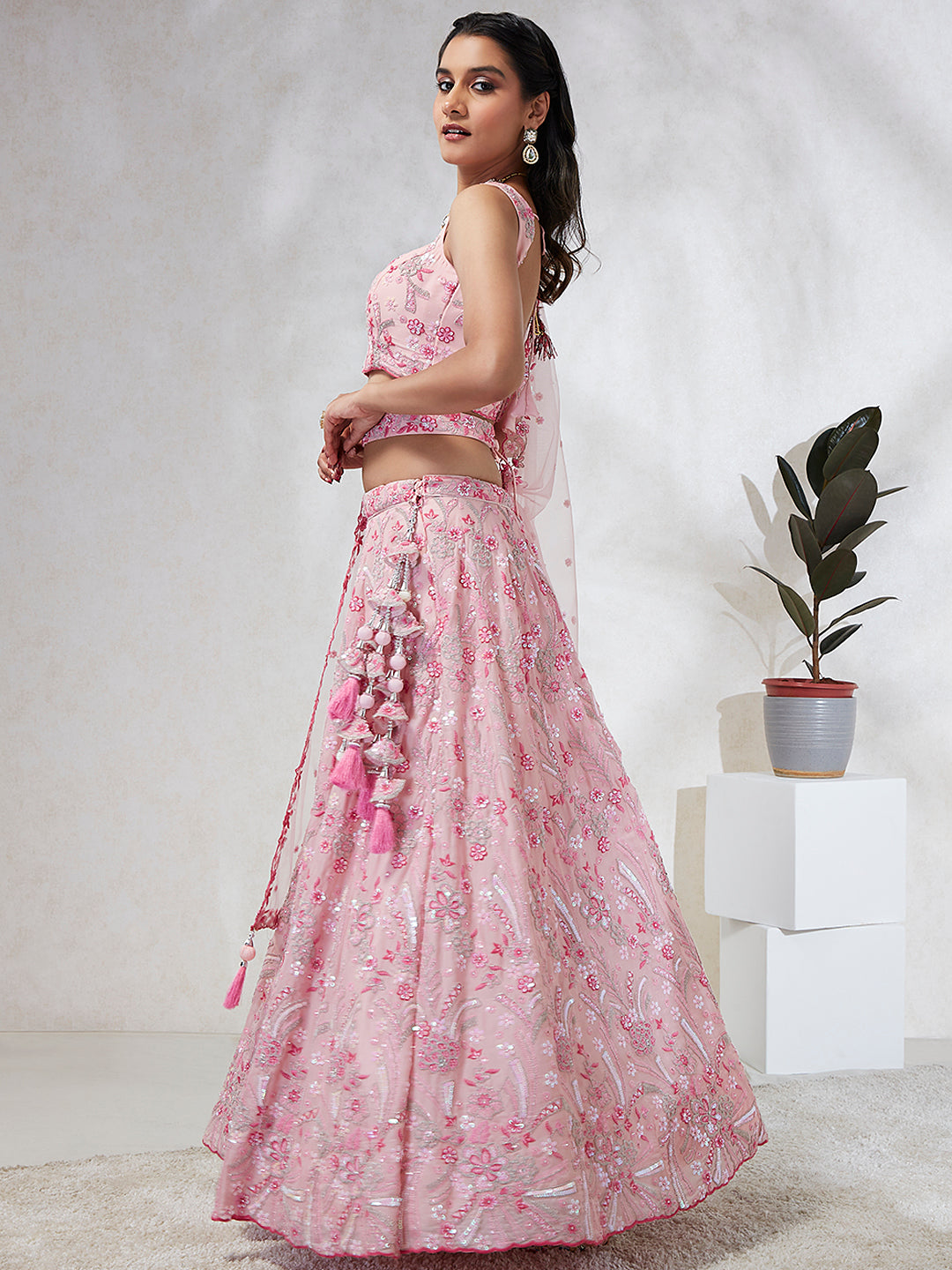 House of Panchhi Pink Georgette Sequins And Thread Embroidery Lehenga Choli & Dupatta | Swadesiicart