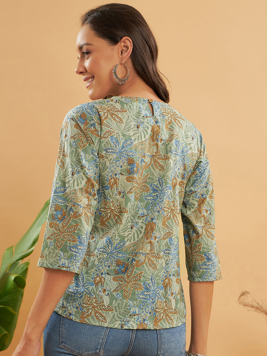 InWeave Women's Dull Green Leaf Floral Print Top - Swadesiicart