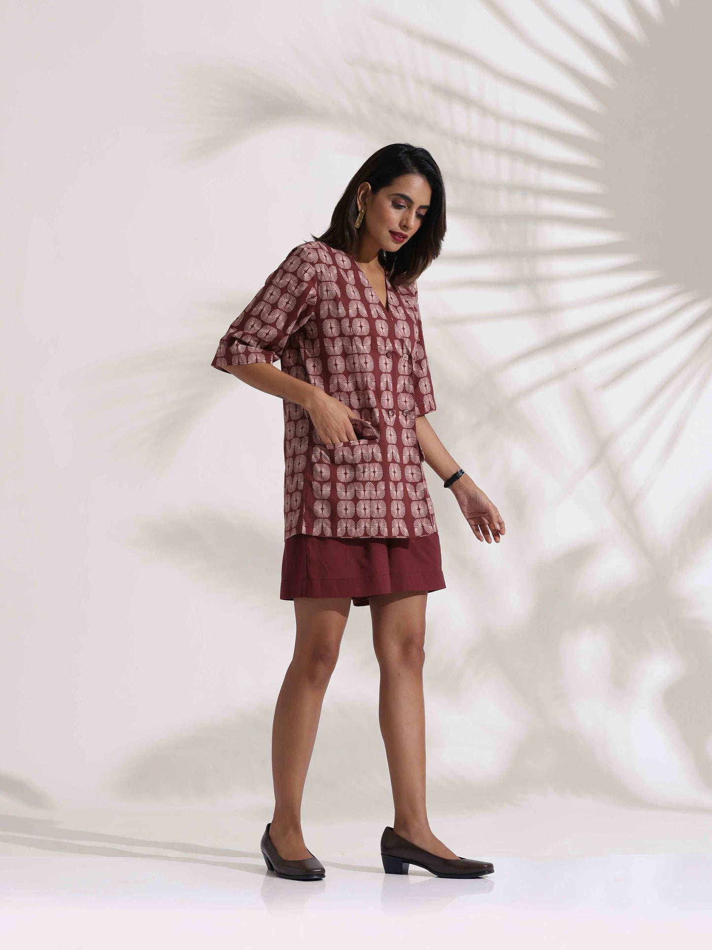trueBrowns Brown Cotton Print Jacket Top & Short Co-ord Set - Swadesiicart