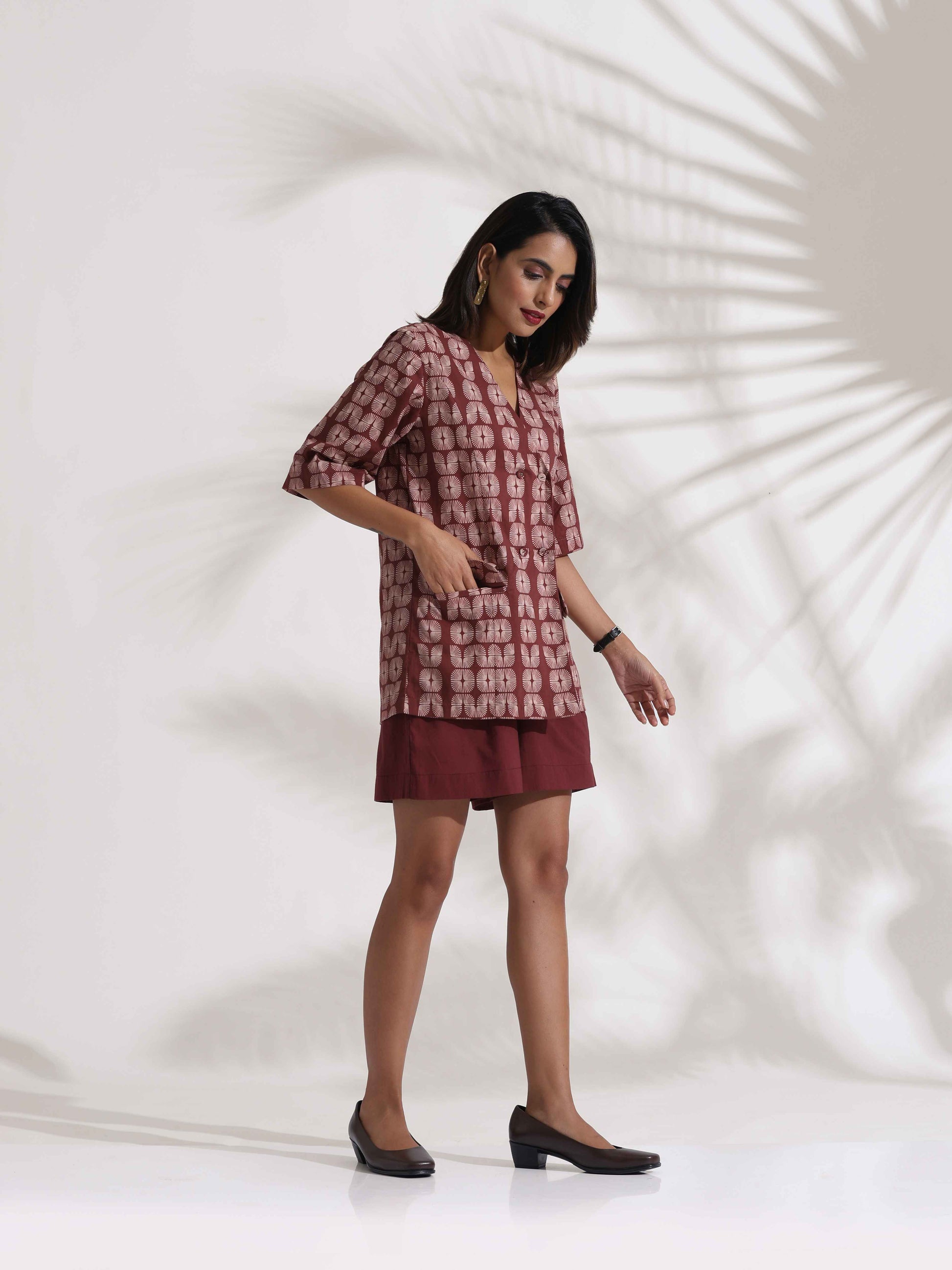 trueBrowns Brown Cotton Print Jacket Top & Short Co-ord Set - Swadesiicart