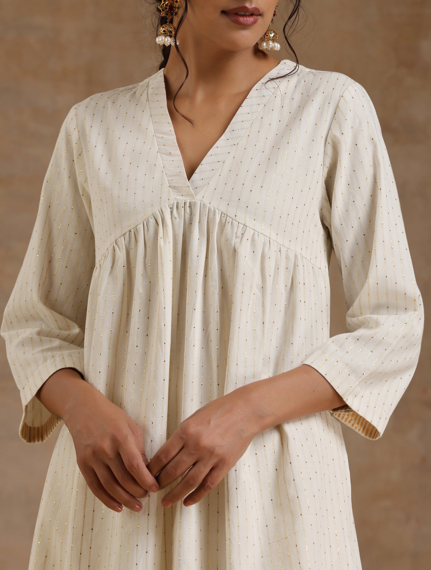 trueBrowns Ivory Gold Cotton Flared Kurta Set | Swadesiicart