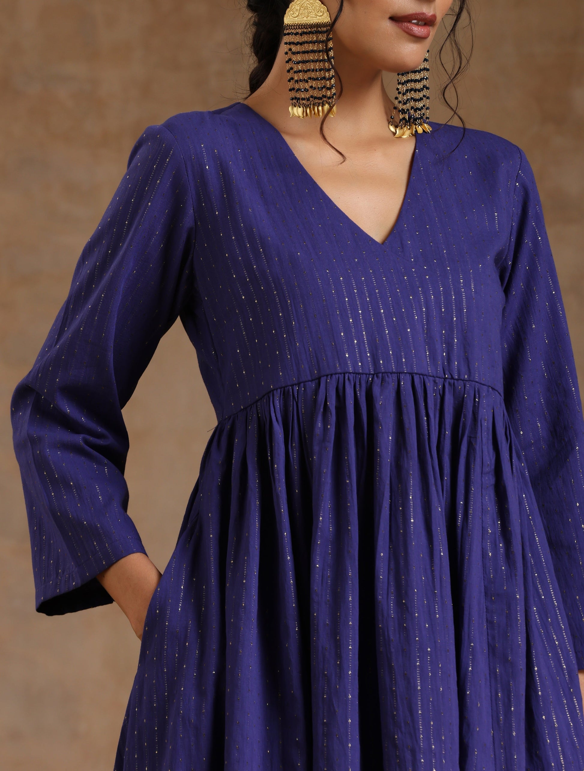 trueBrowns Spectrum Blue Gold Cotton Kalidar Kurta Set | Swadesiicart