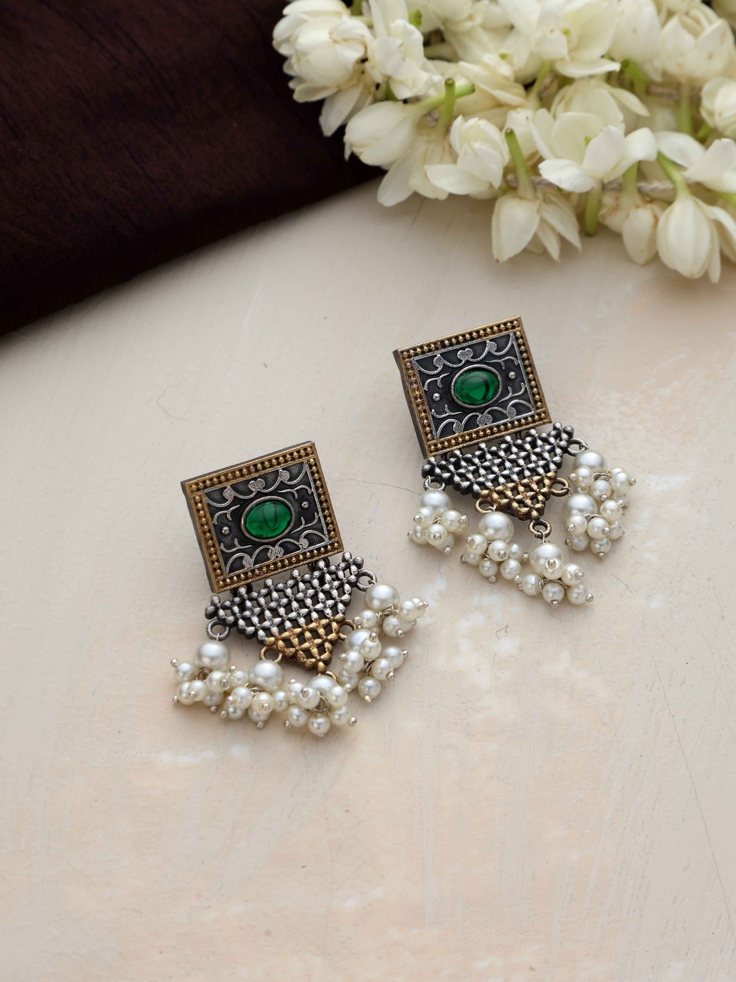 trueBrowns Silver Gold Tone Floral Silver Jaal Dangle Earrings - Swadesiicart
