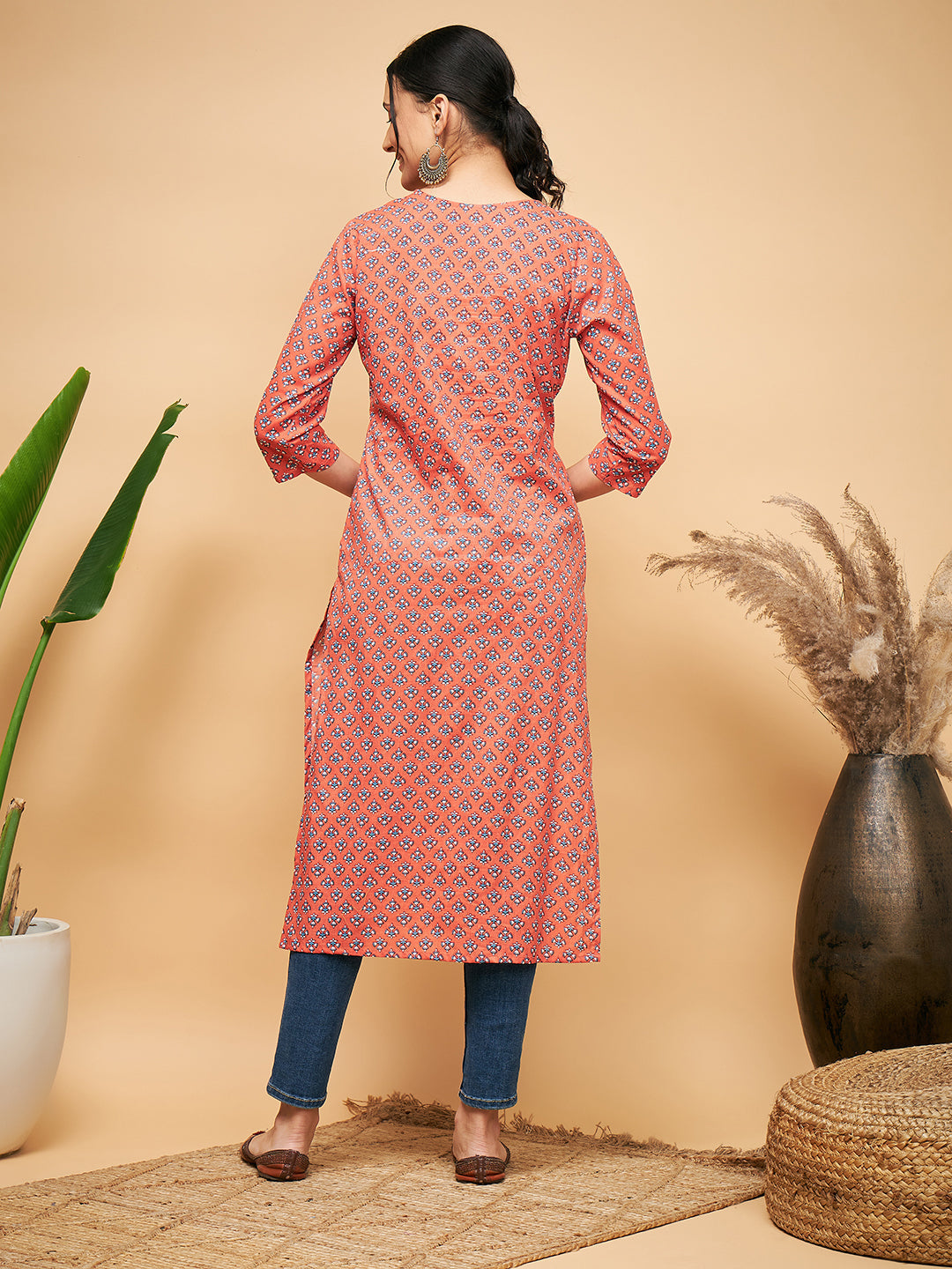 InWeave Women's Coral Blue Boota Print Gota Straight Kurta - Swadesiicart