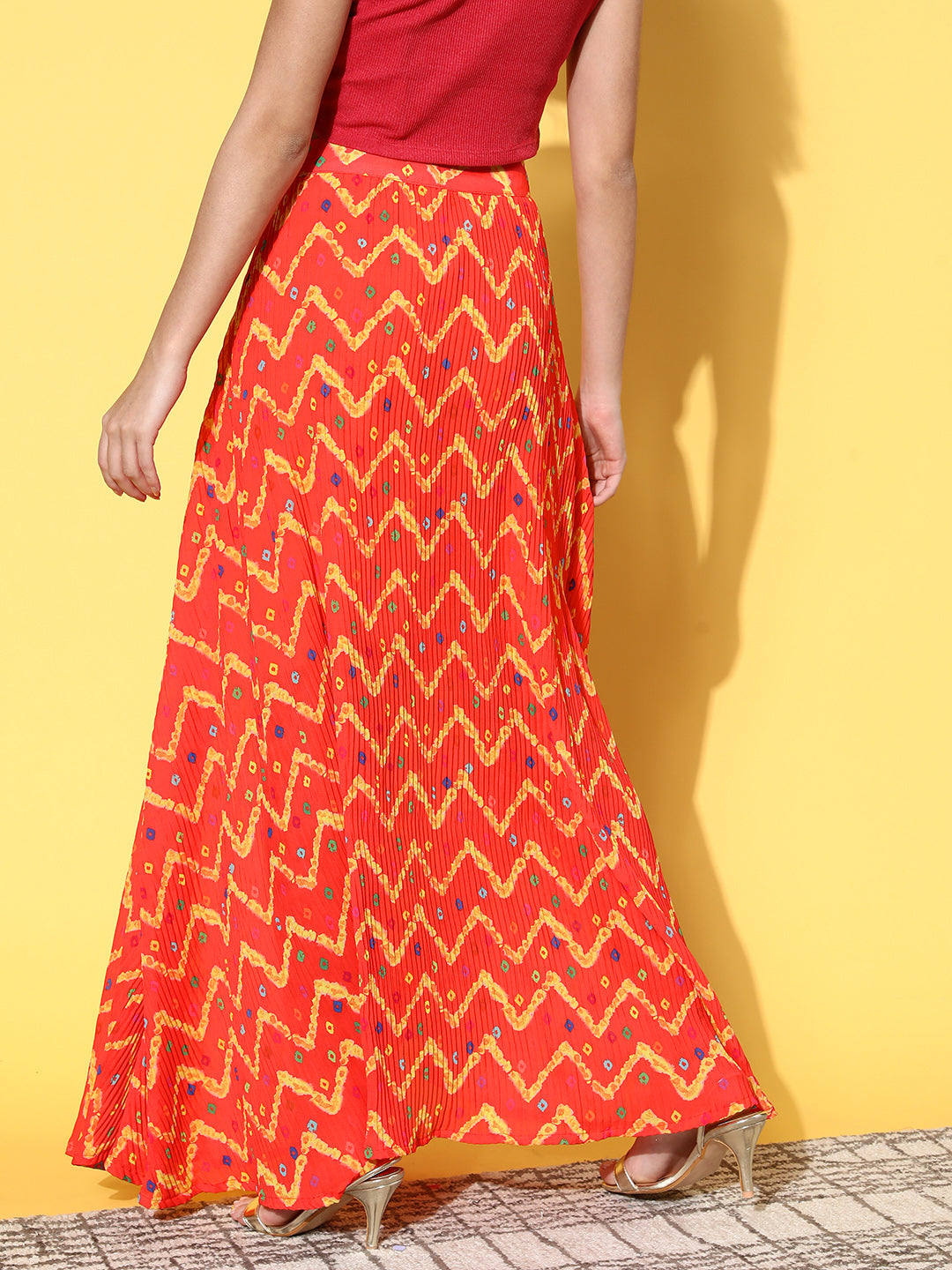 InWeave Women's Orange Bandhej Pleated Skirt - Swadesiicart