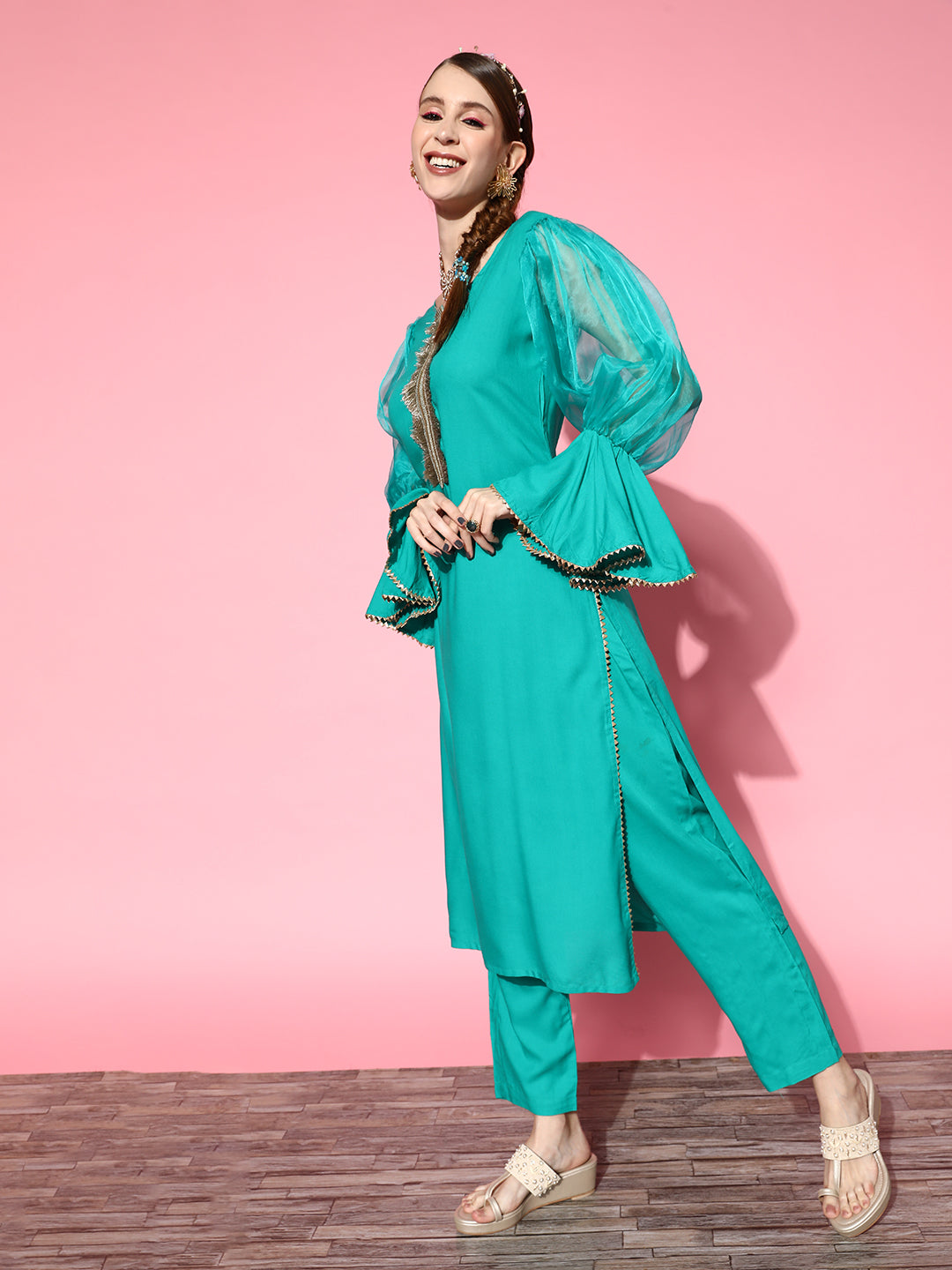 InWeave Women's Aqua Organza Sleeve Gota Work Kurta Set - Swadesiicart