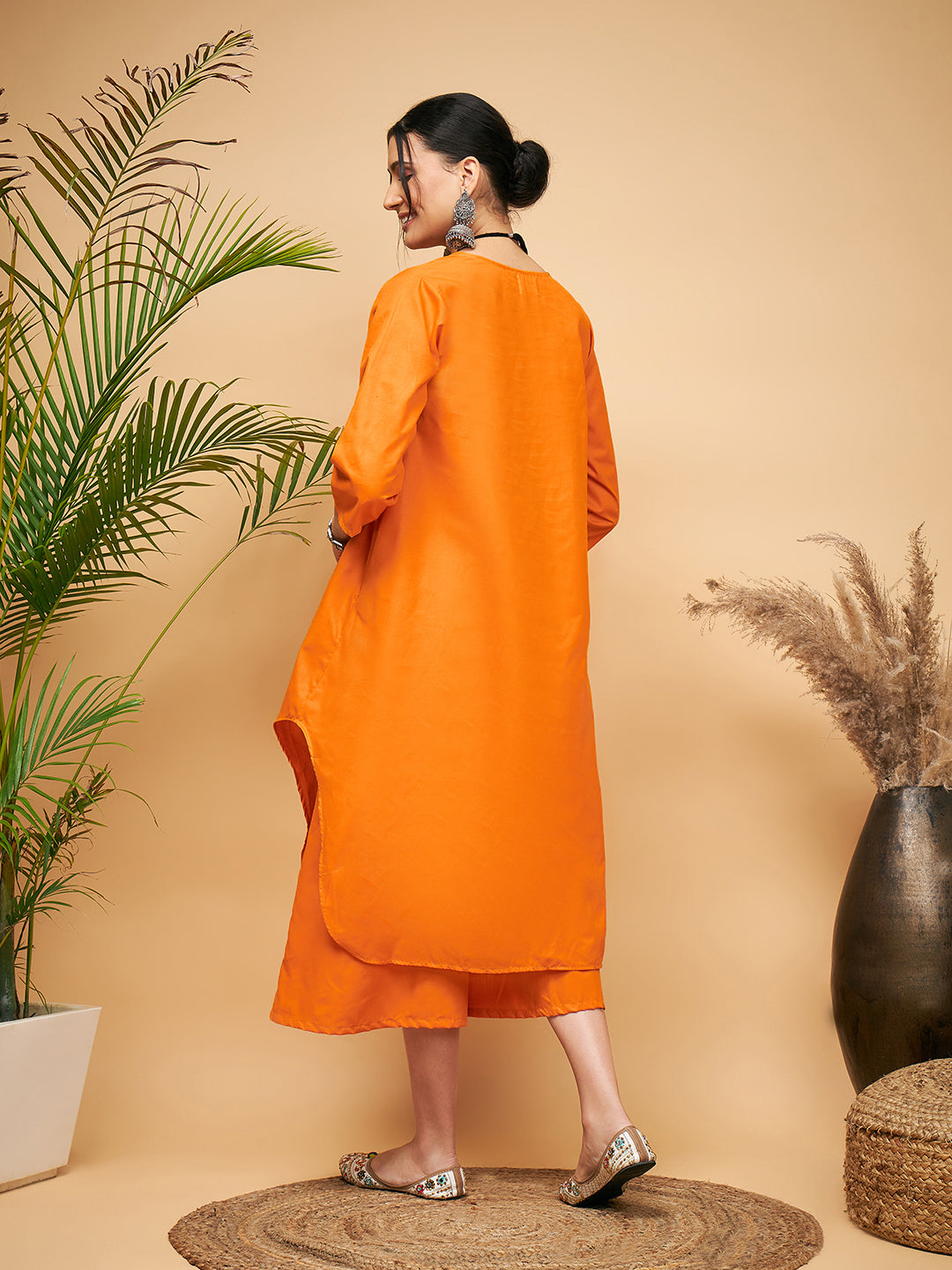 InWeave Women's Orange Flared Kurta Palazzo Set - Swadesiicart