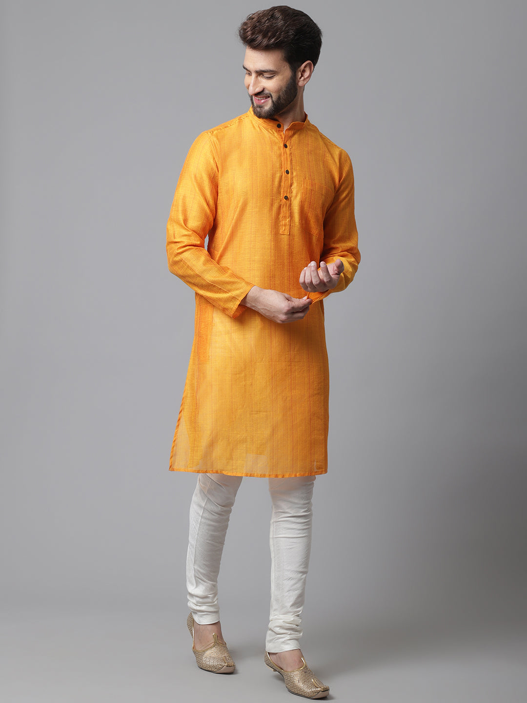 Even Apparels Yellow Check Kurta With Band Collar | Swadesiicart