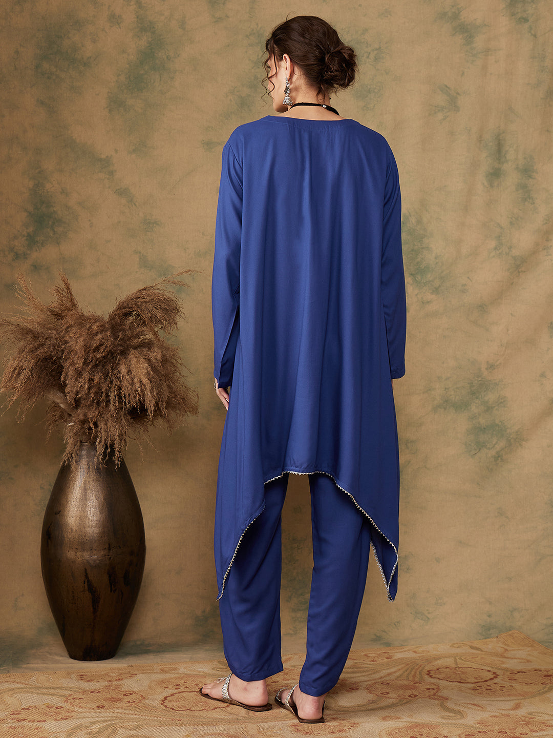 InWeave Women's Ink Blue Square Yellow Patch Work Assymentrical Kurta Set - Swadesiicart