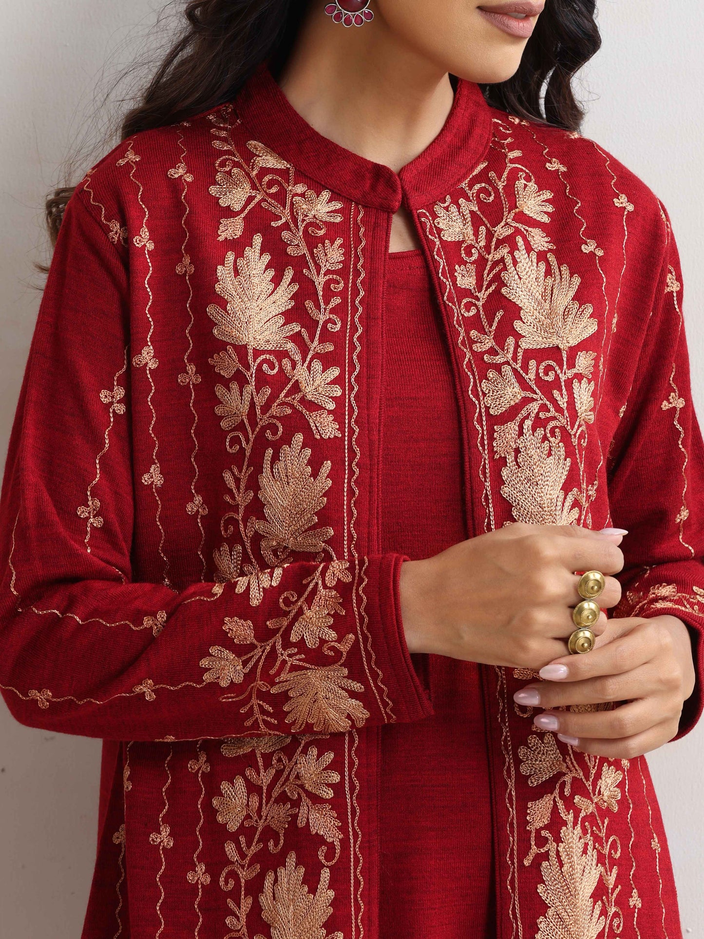 trueBrowns Red Kashmiri Woollen Jacket 3pc Set | Swadesiicart