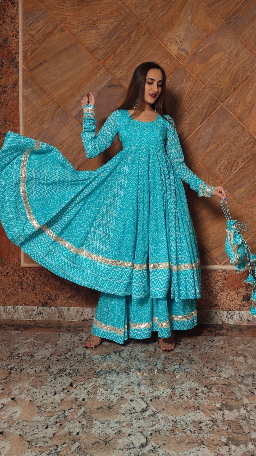 Pomcha Jaipur Neelkari Blue Cotton Anarkali Set | Swadesiicart