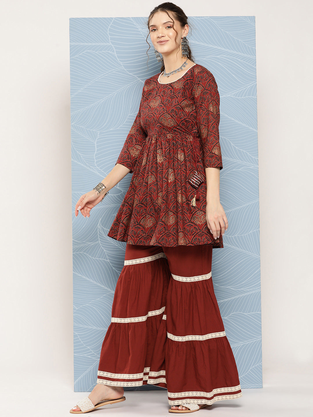InWeave Women's Brick Rust Ajrakh Sharara Set With Dupatta - Swadesiicart