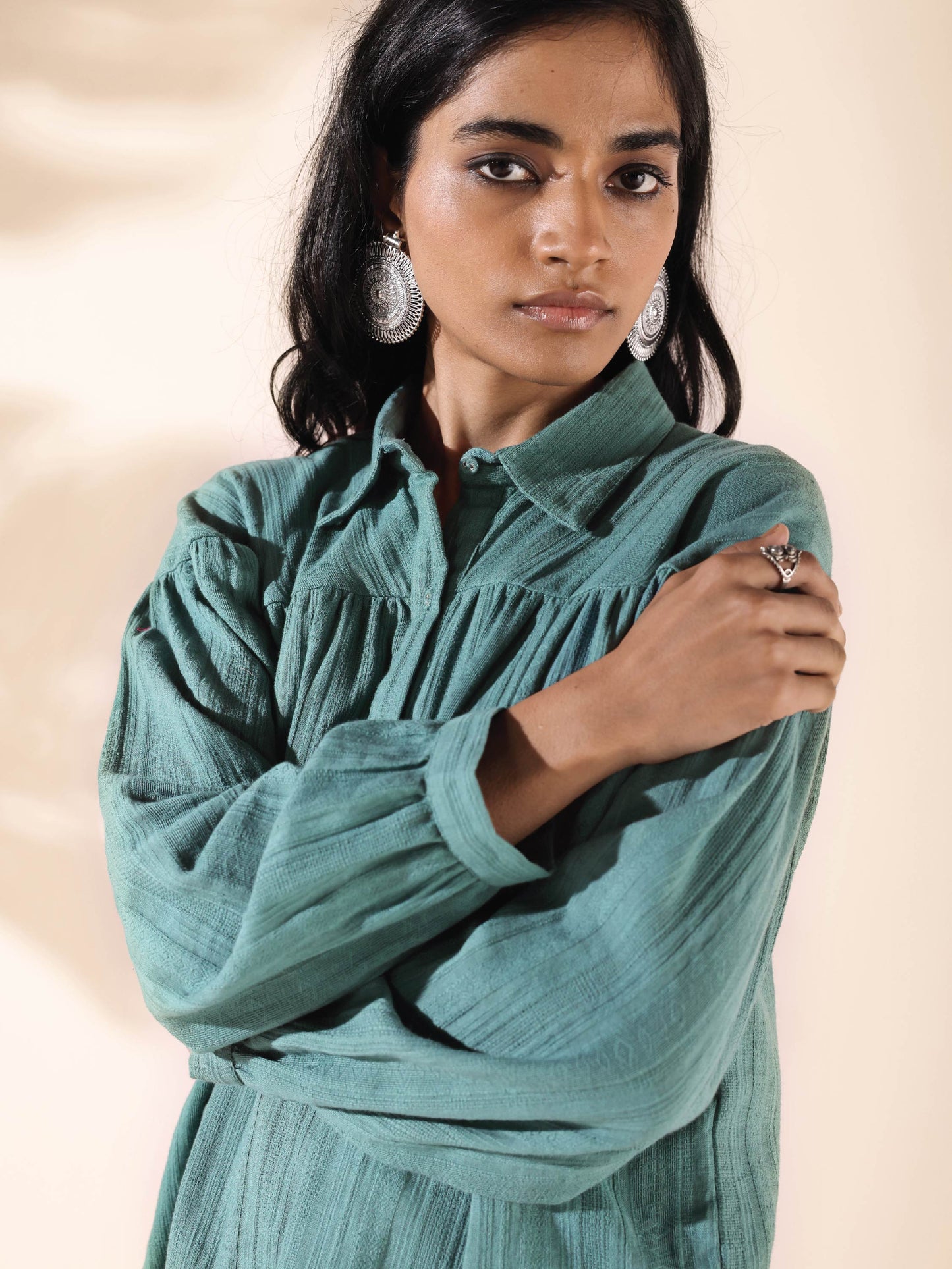 trueBrowns Turquoise Cotton Dobby Shirt Co-ord Set - Swadesiicart