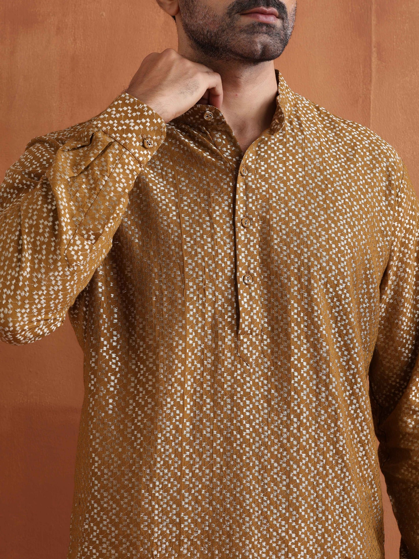 trueBrowns Men's Mustard Cotton Dobby Short Kurta | Swadesiicart