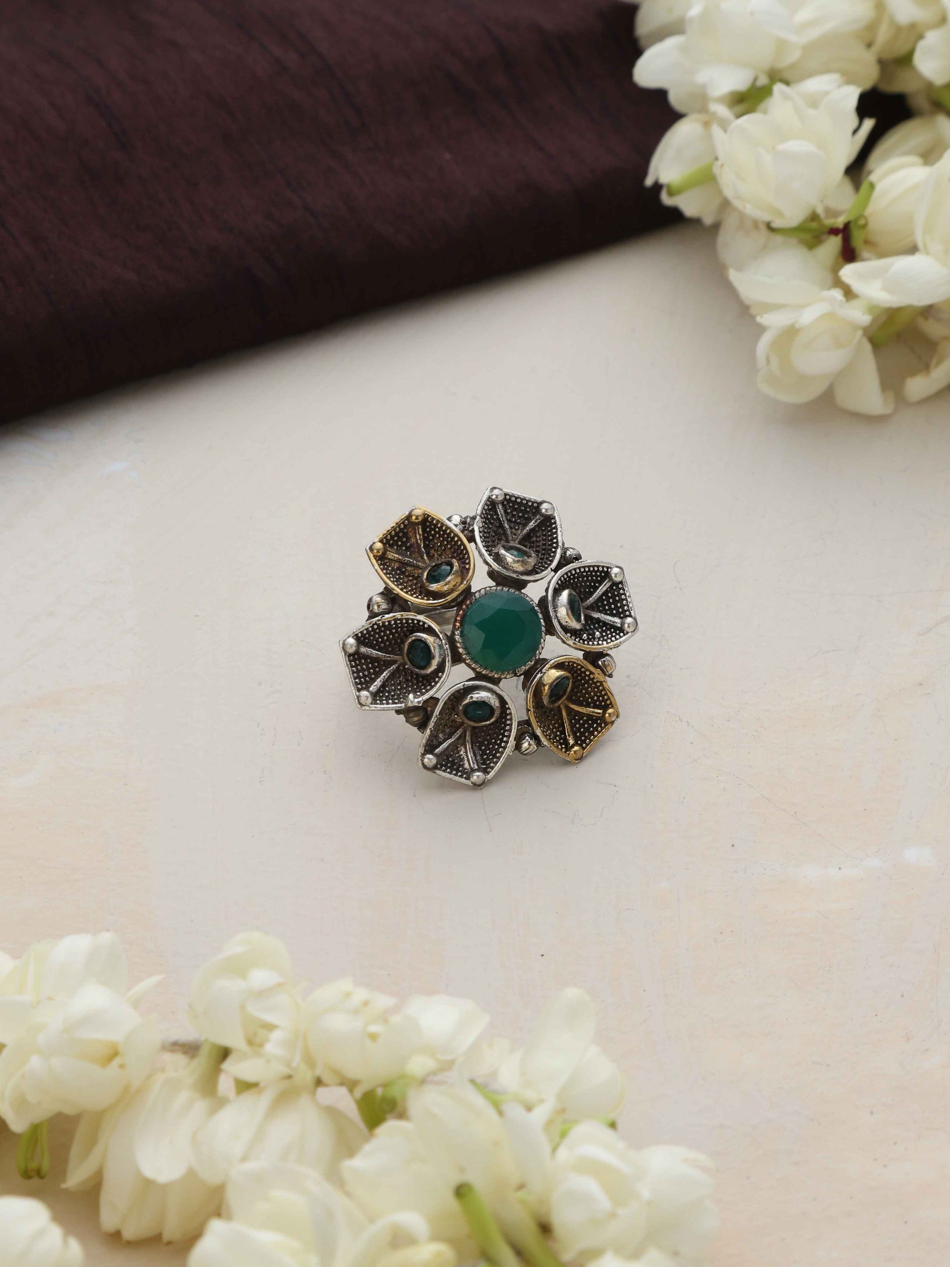 trueBrowns Silver Gold Tone Petal Ring | Swadesiicart