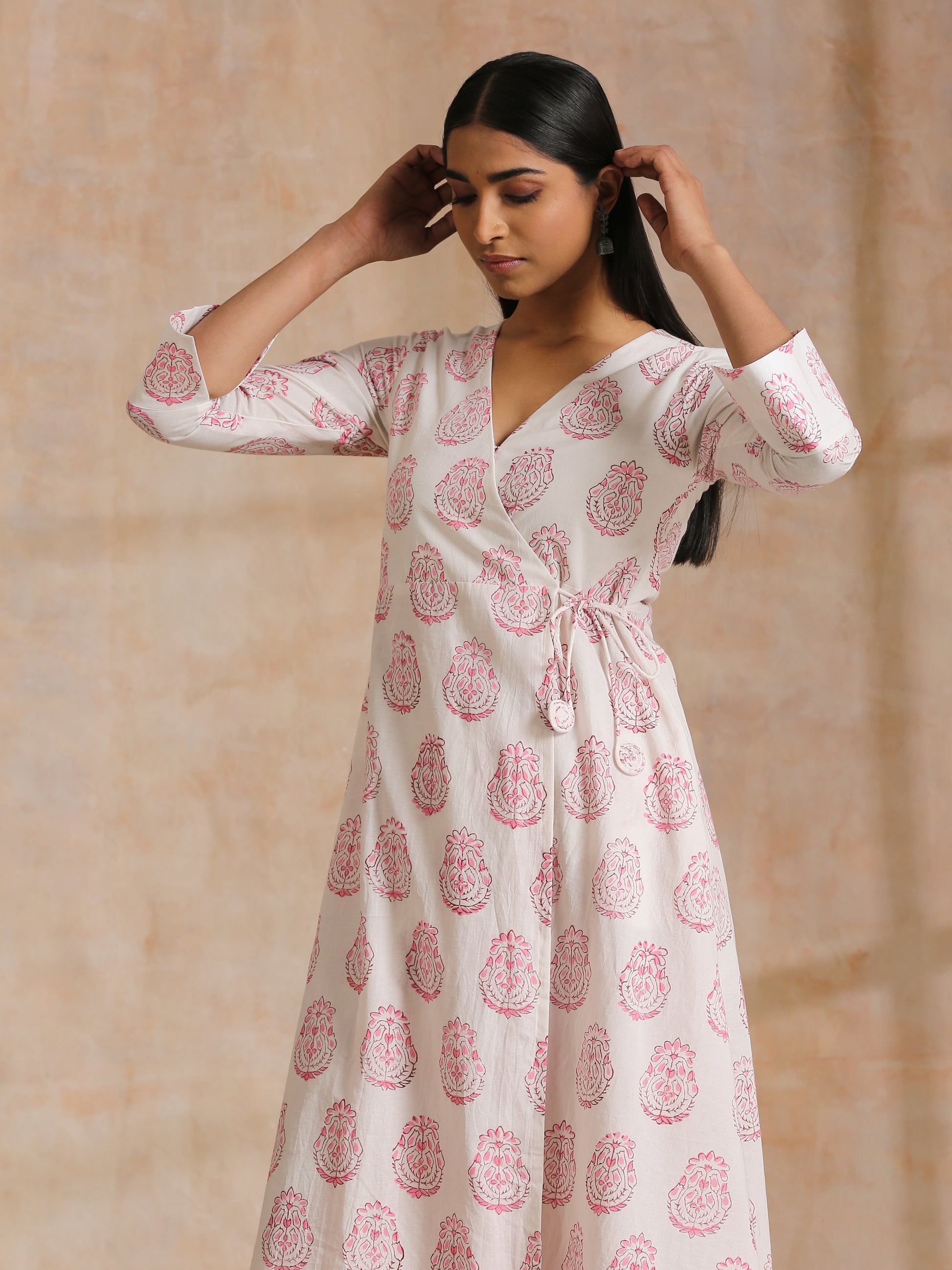 trueBrowns Pink Big Buta On White Print Cotton Angrakha Kurta Pant Set | Swadesiicart